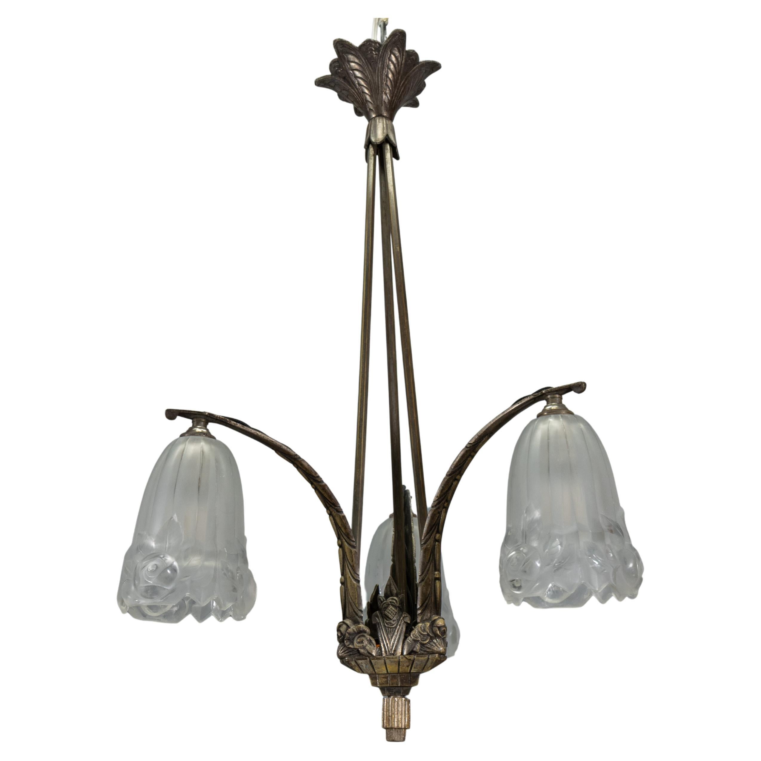 French Art Deco Bronze and White Frosted Glass Three-Light Chandelier, 1920