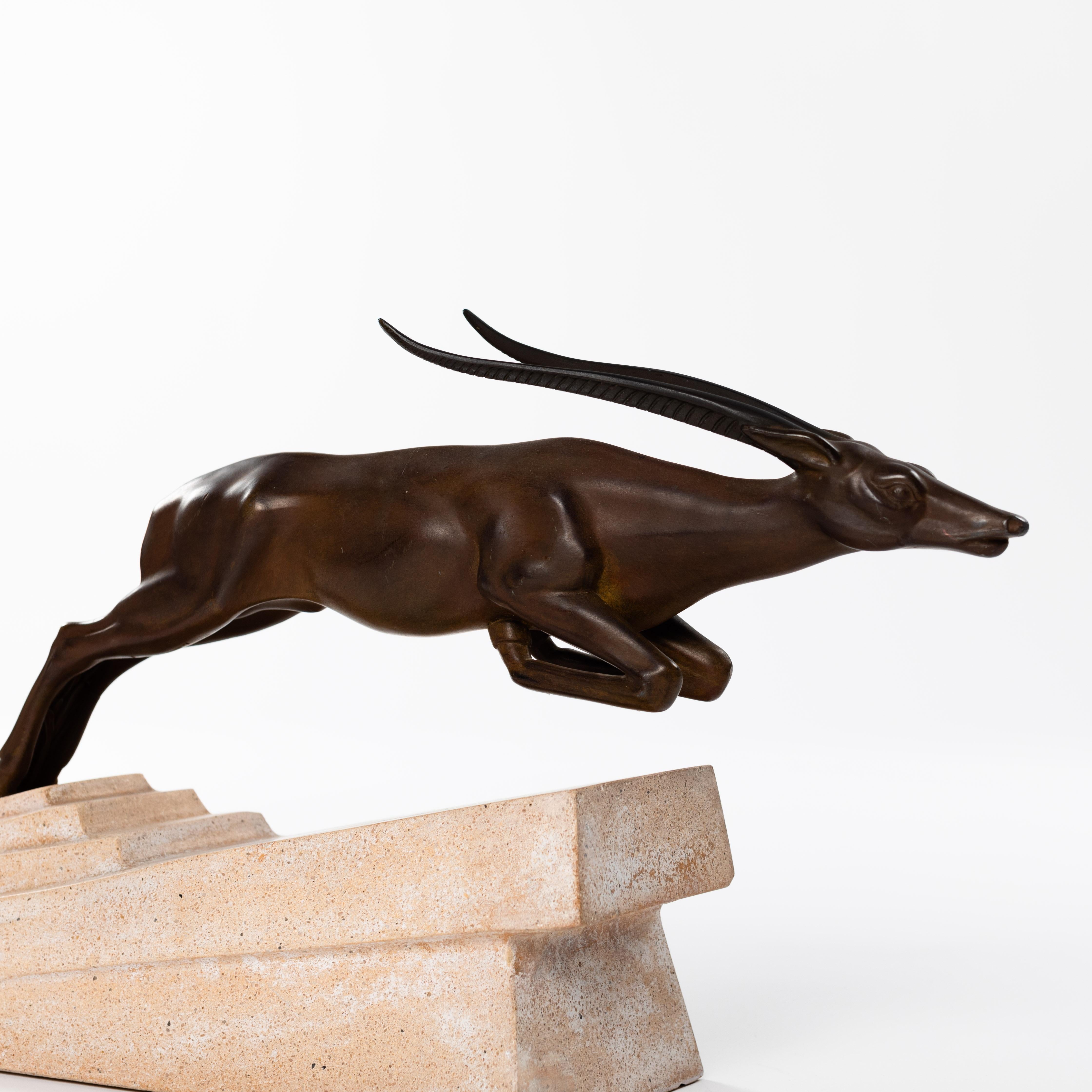 Cast French Art Déco Bronze Antilope Scultpure on Stone Base by Max Le Verrier 1920s For Sale