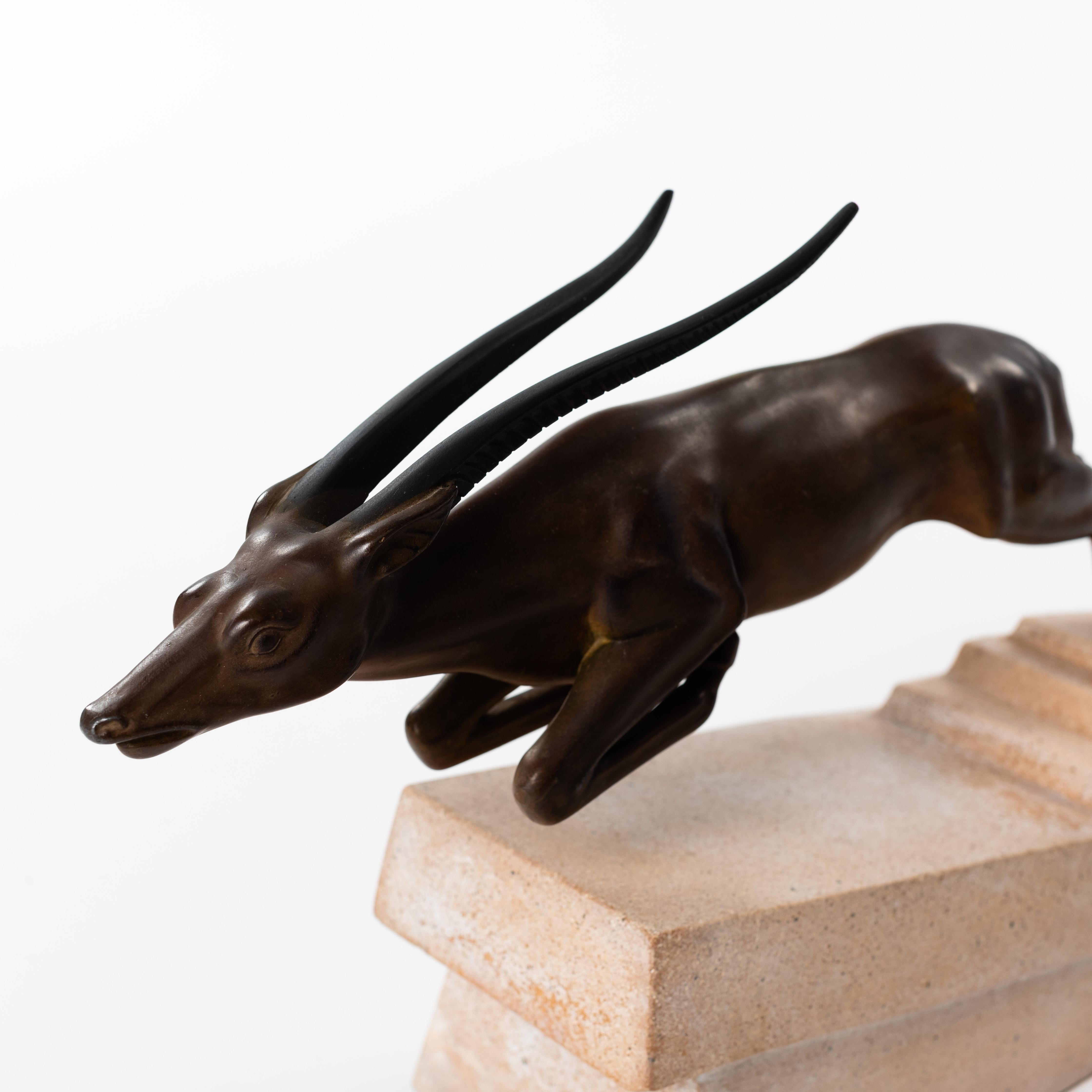 French Art Déco Bronze Antilope Scultpure on Stone Base by Max Le Verrier 1920s 1