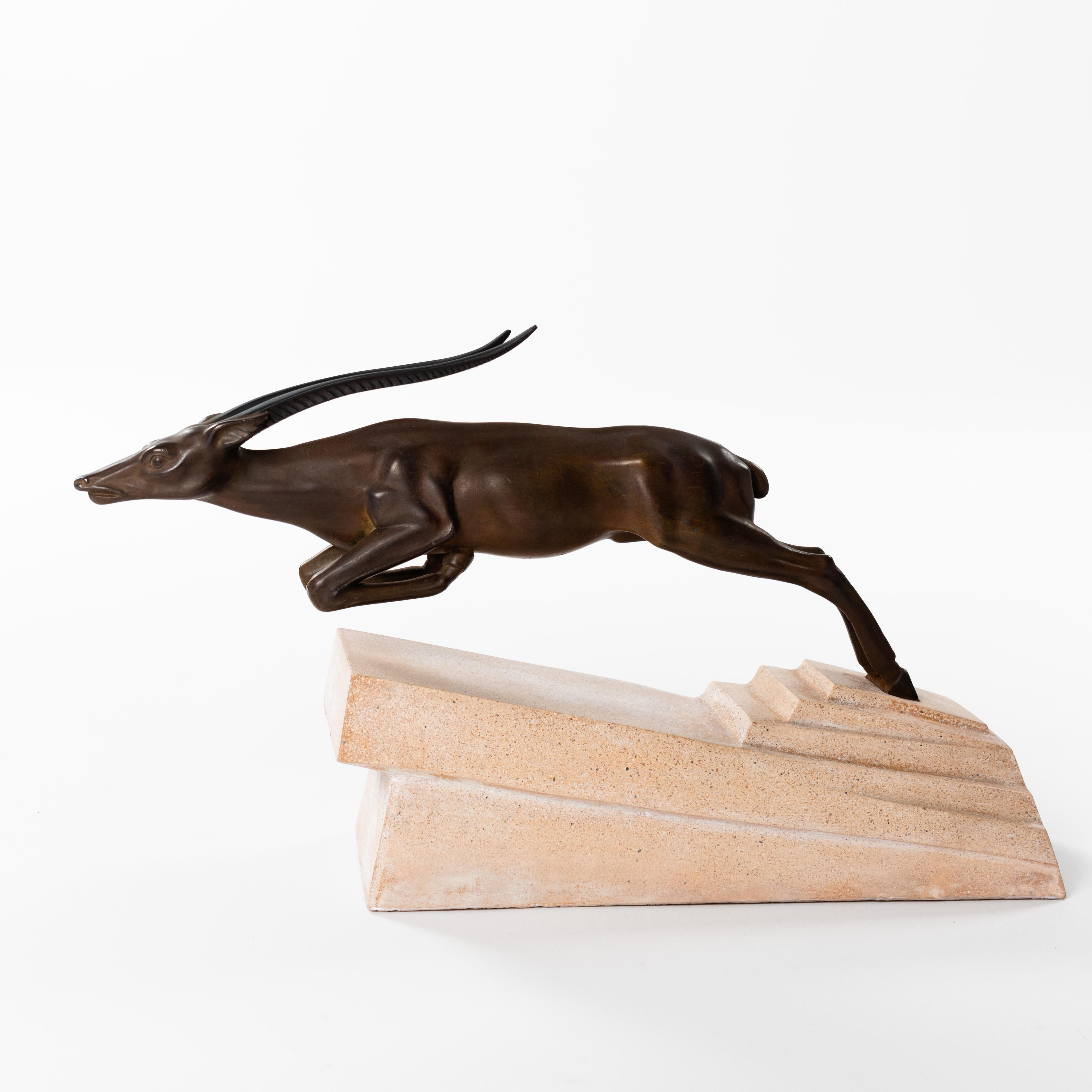French Art Déco Bronze Antilope Scultpure on Stone Base by Max Le Verrier 1920s 2