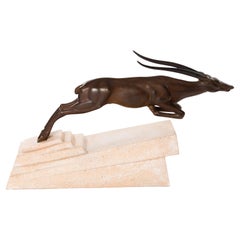 French Art Déco Bronze Antilope Scultpure on Stone Base by Max Le Verrier 1920s