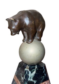 French Art Deco Bronze Bear Sculpture on Marble Base, 1920's.