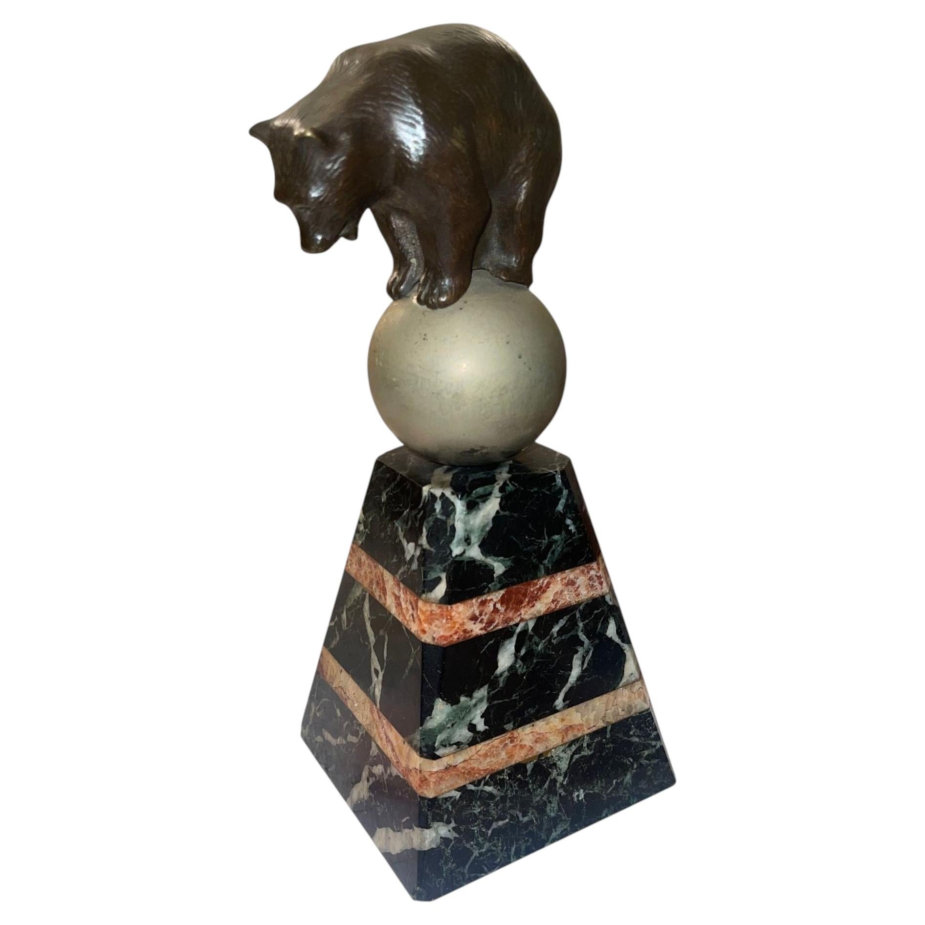 French Art Deco Bronze Bear Sculpture on Marble Base, 1920's.
