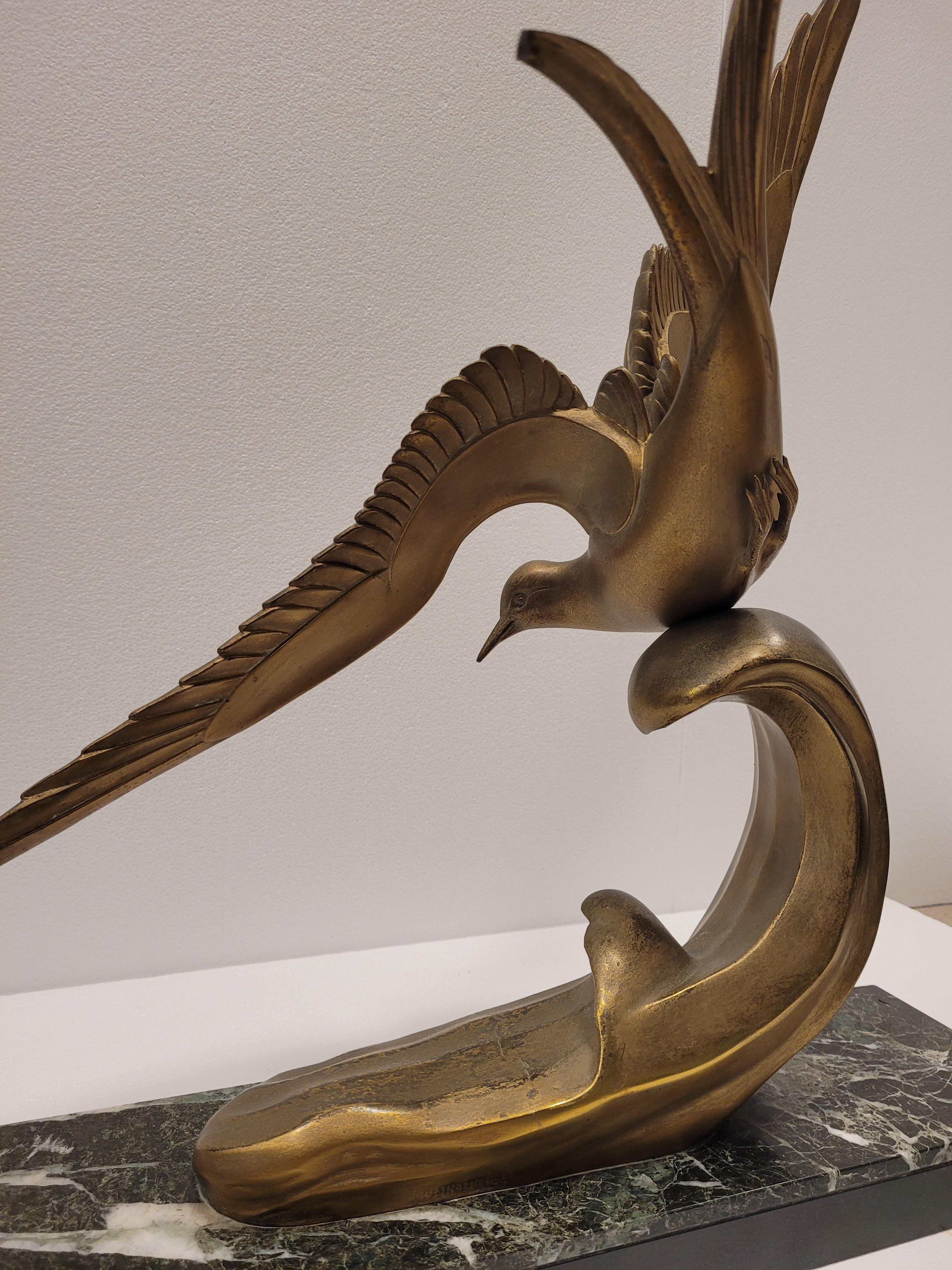 French Art Deco Bronze black marble SEAGULL IN FLIGHT by Irénée Rochard  4