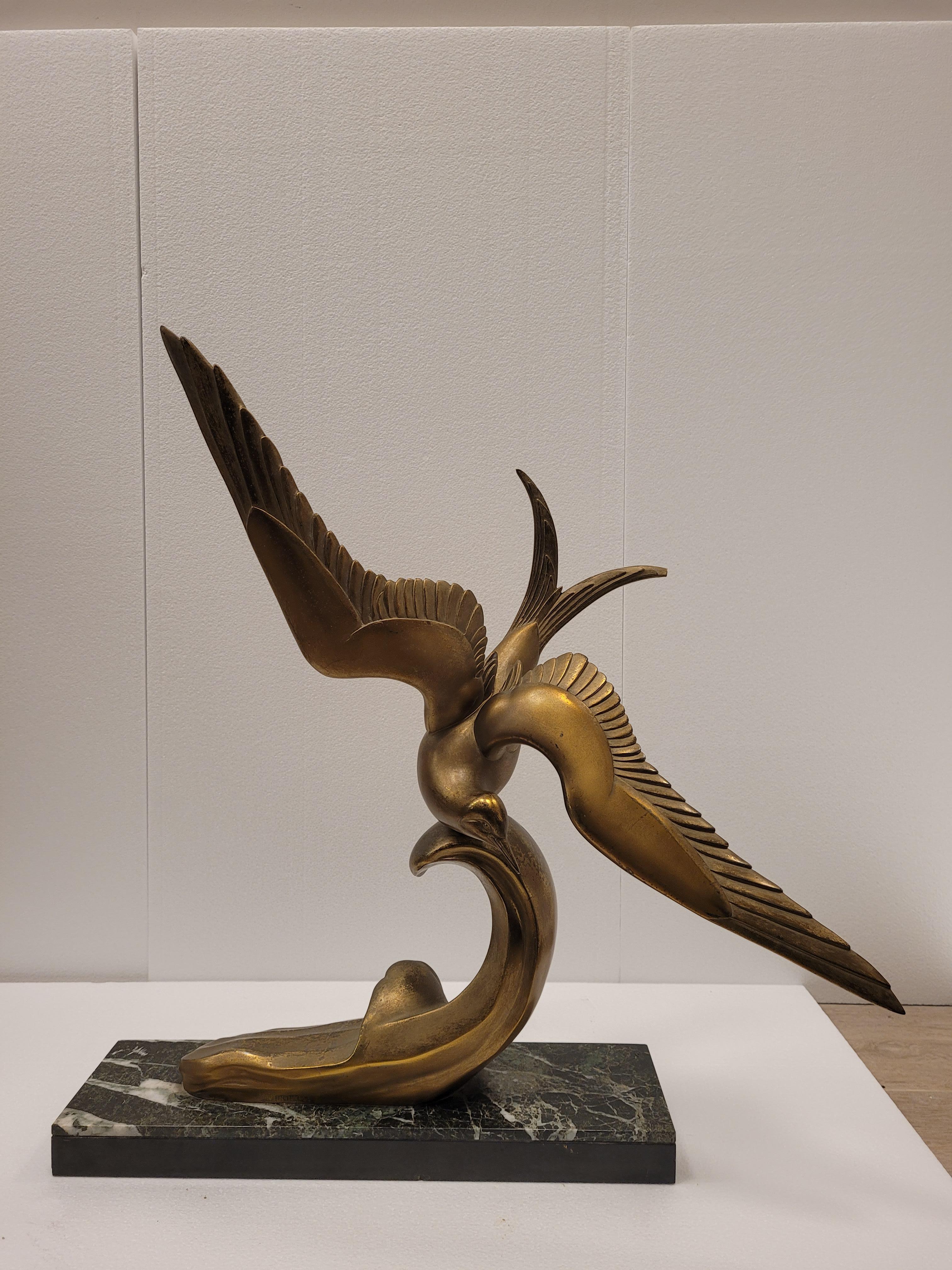 French Art Deco Bronze black marble SEAGULL IN FLIGHT by Irénée Rochard  7
