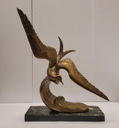 French Art Deco Bronze black marble SEAGULL IN FLIGHT by Irénée Rochard