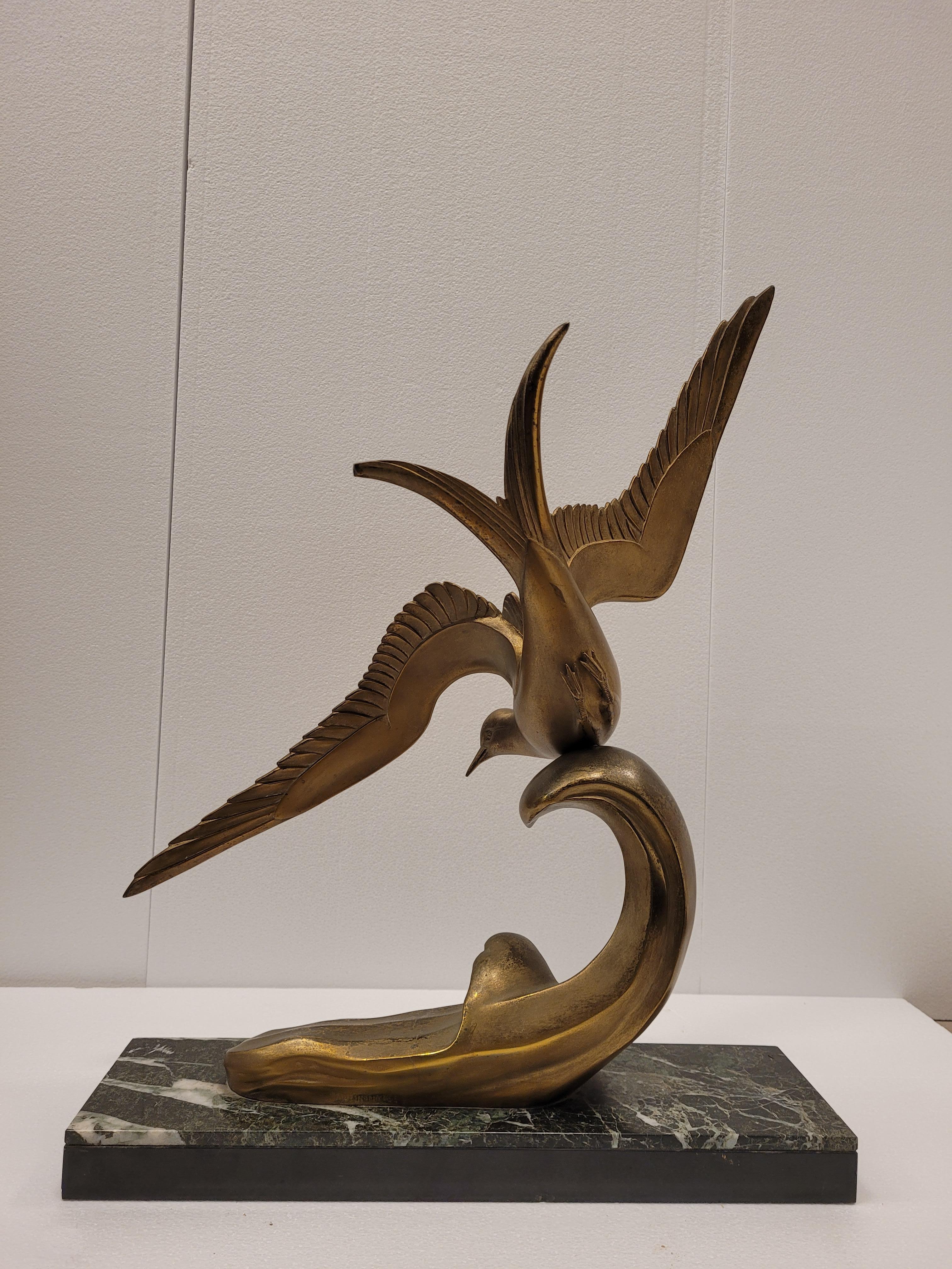 French Art Deco Bronze black marble SEAGULL IN FLIGHT by Irénée Rochard  3