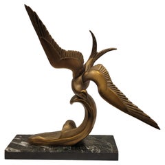 French Art Deco Bronze black marble SEAGULL IN FLIGHT by Irénée Rochard 