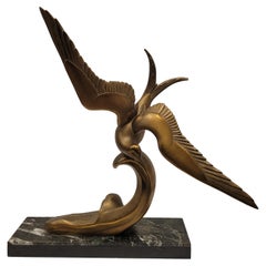 Vintage French Art Deco Bronze black marble SEAGULL IN FLIGHT by Irénée Rochard 