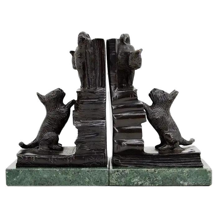 French Art Deco Bronze Cat & Dog Bookends, 1930s