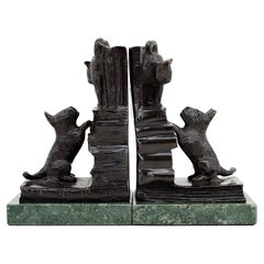 Vintage French Art Deco Bronze Cat & Dog Bookends, 1930s