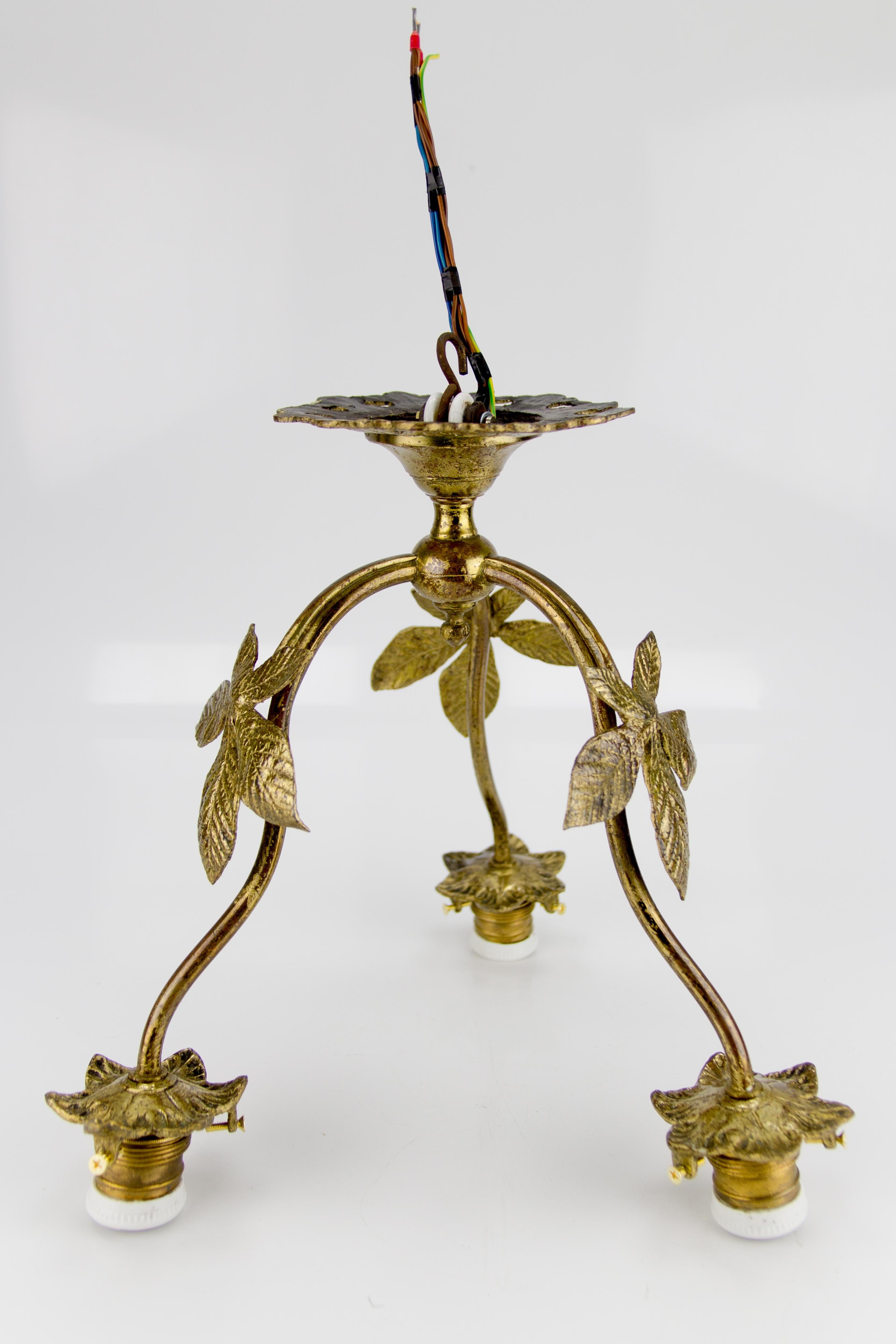 French Art Deco Bronze and Marbled Glass Three-Light Chandelier 9