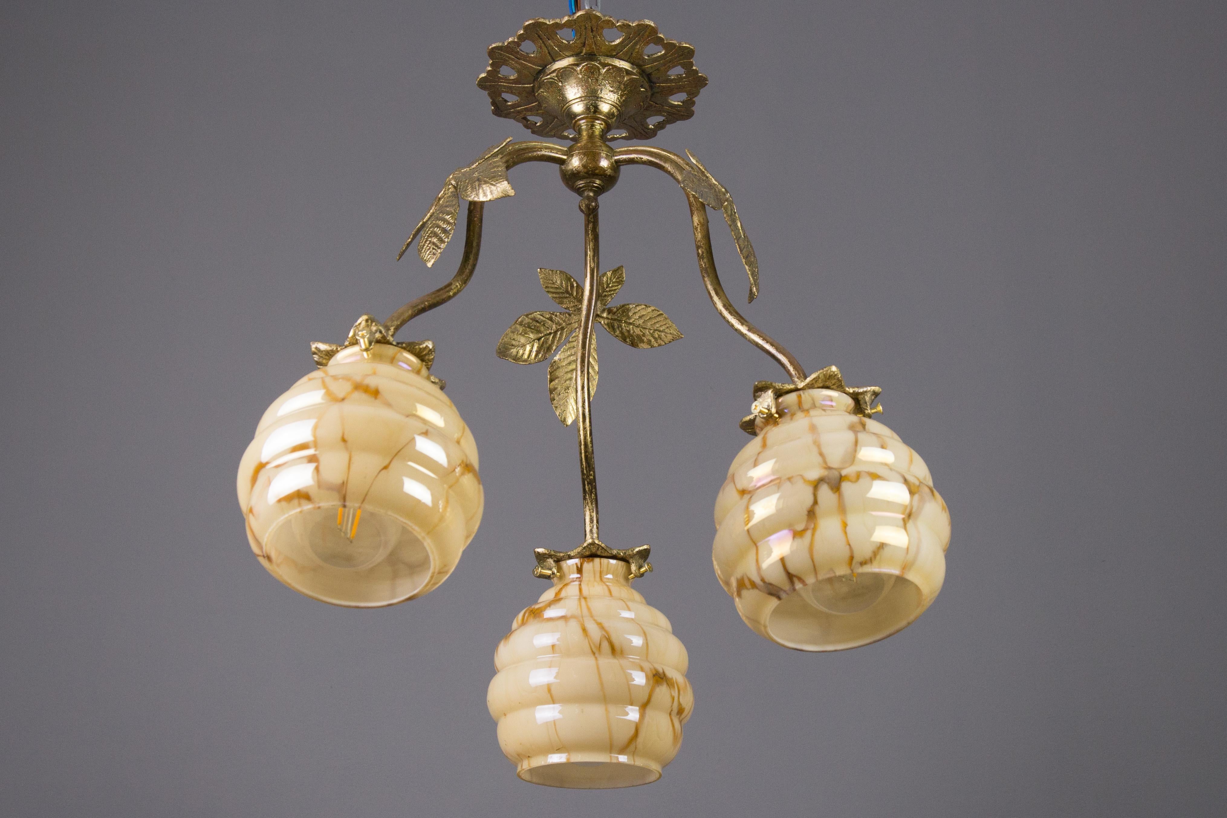 French Art Deco Bronze and Marbled Glass Three-Light Chandelier 15