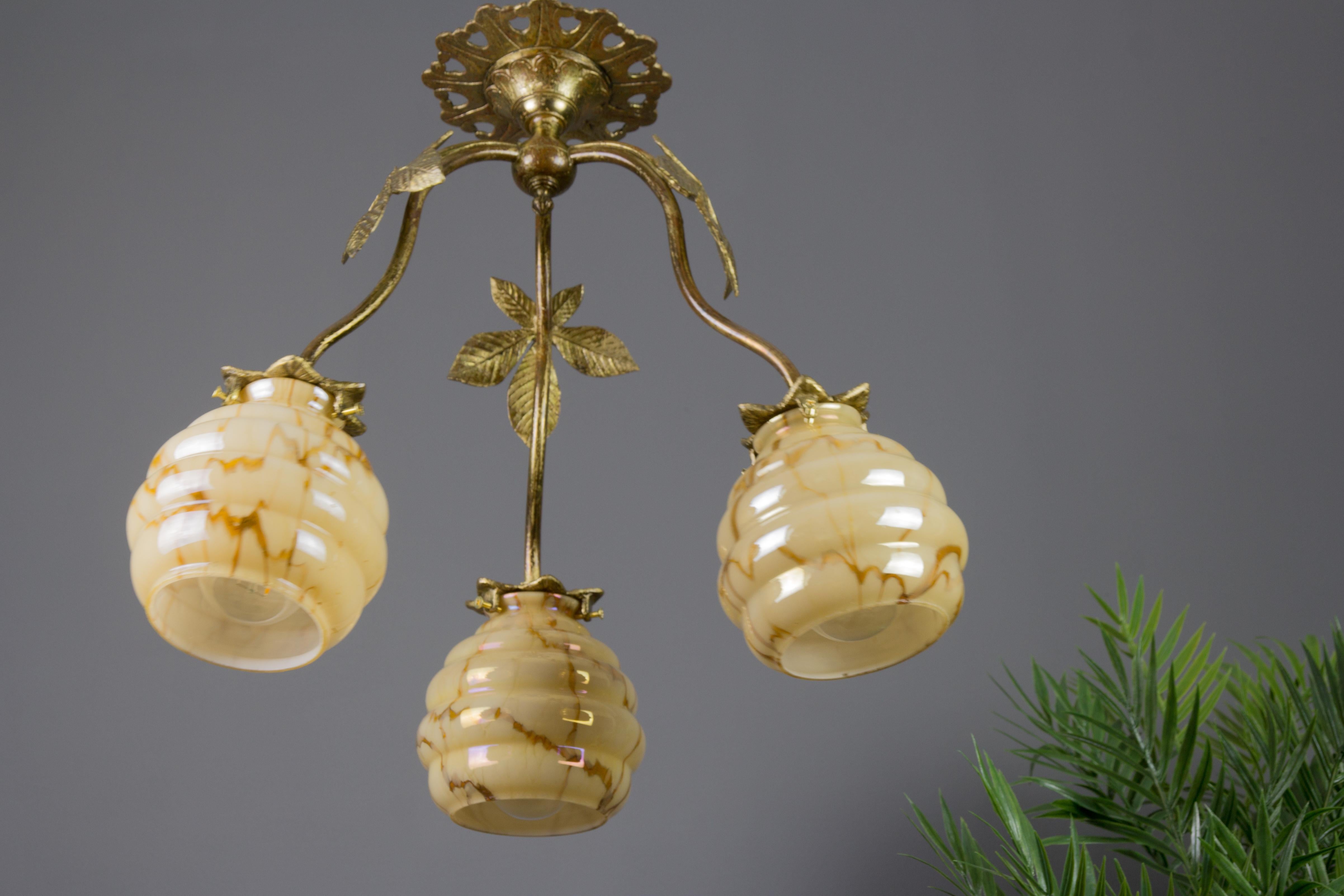 French Art Deco Bronze and Marbled Glass Three-Light Chandelier 2