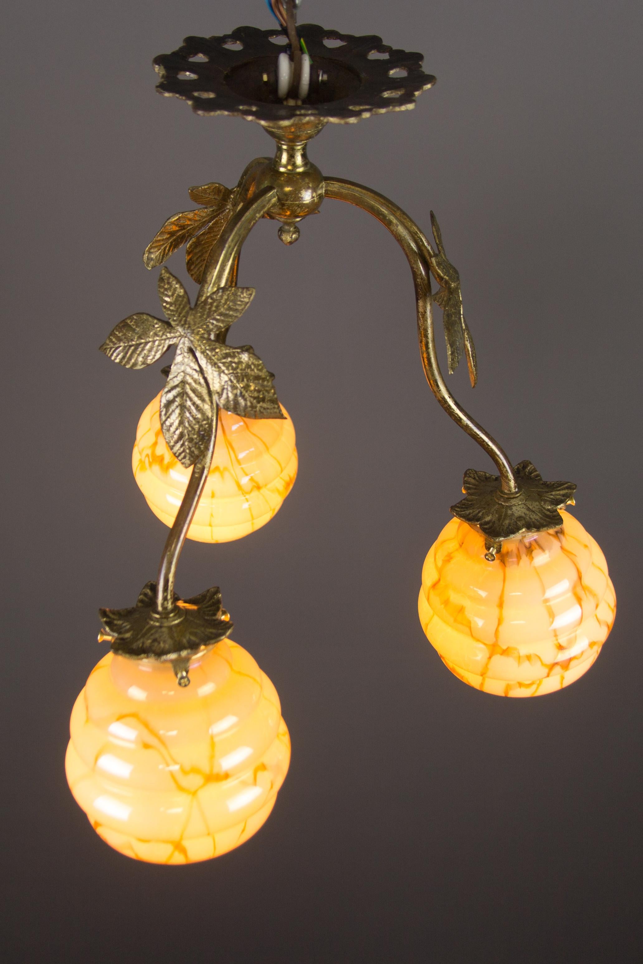 French Art Deco Bronze and Marbled Glass Three-Light Chandelier 3