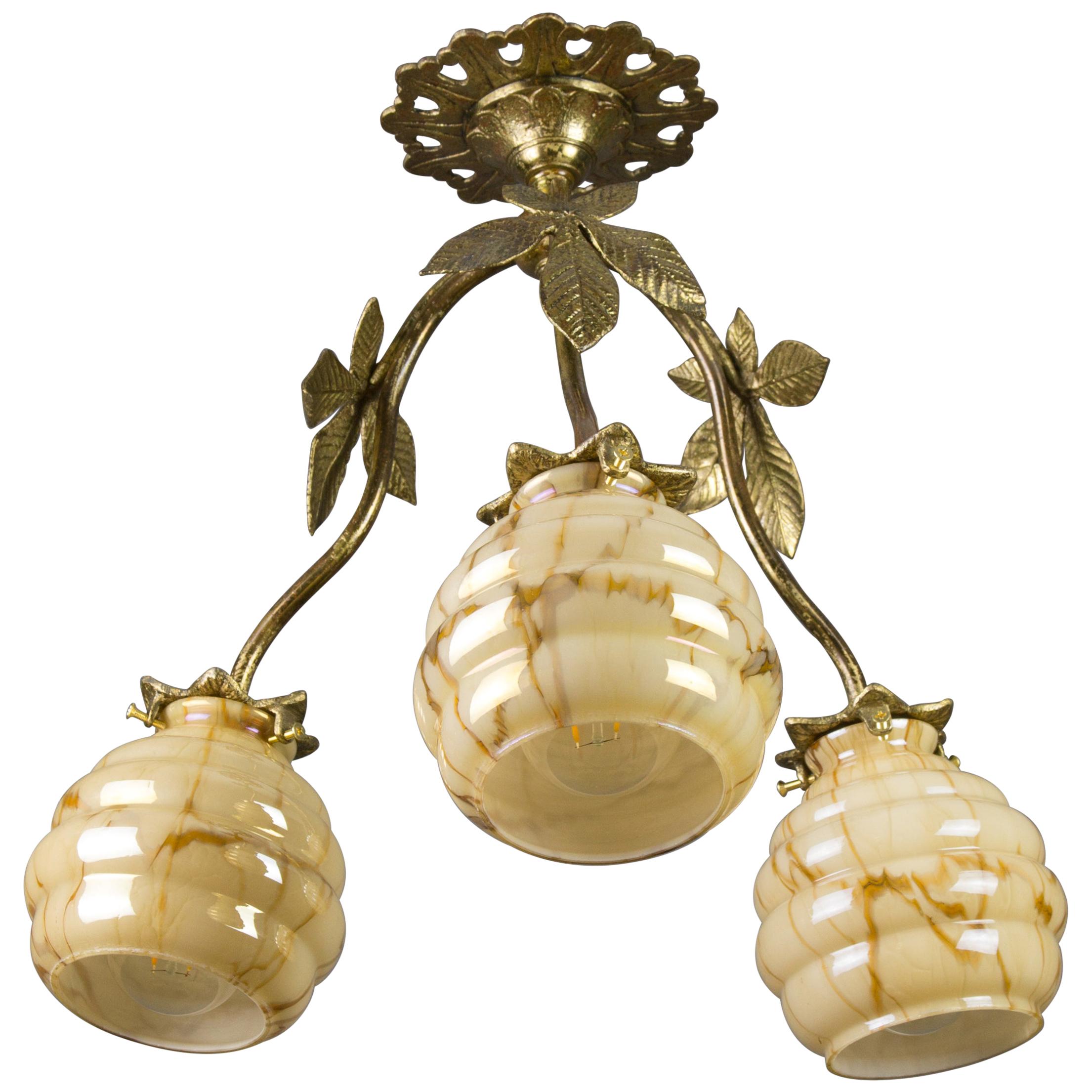 French Art Deco Bronze and Marbled Glass Three-Light Chandelier