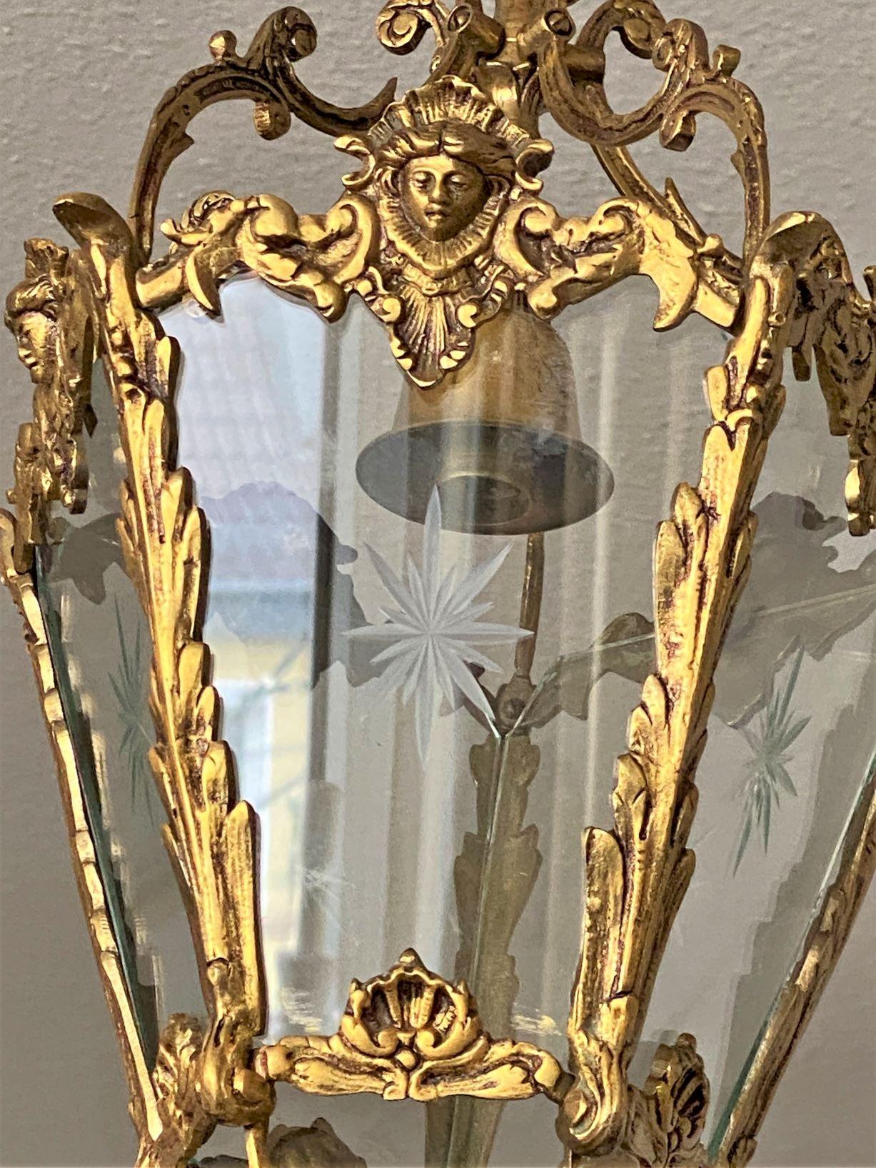French Art Deco Bronze Cut Clear Glass Lantern, Hall Pendant, 1910-1920 5
