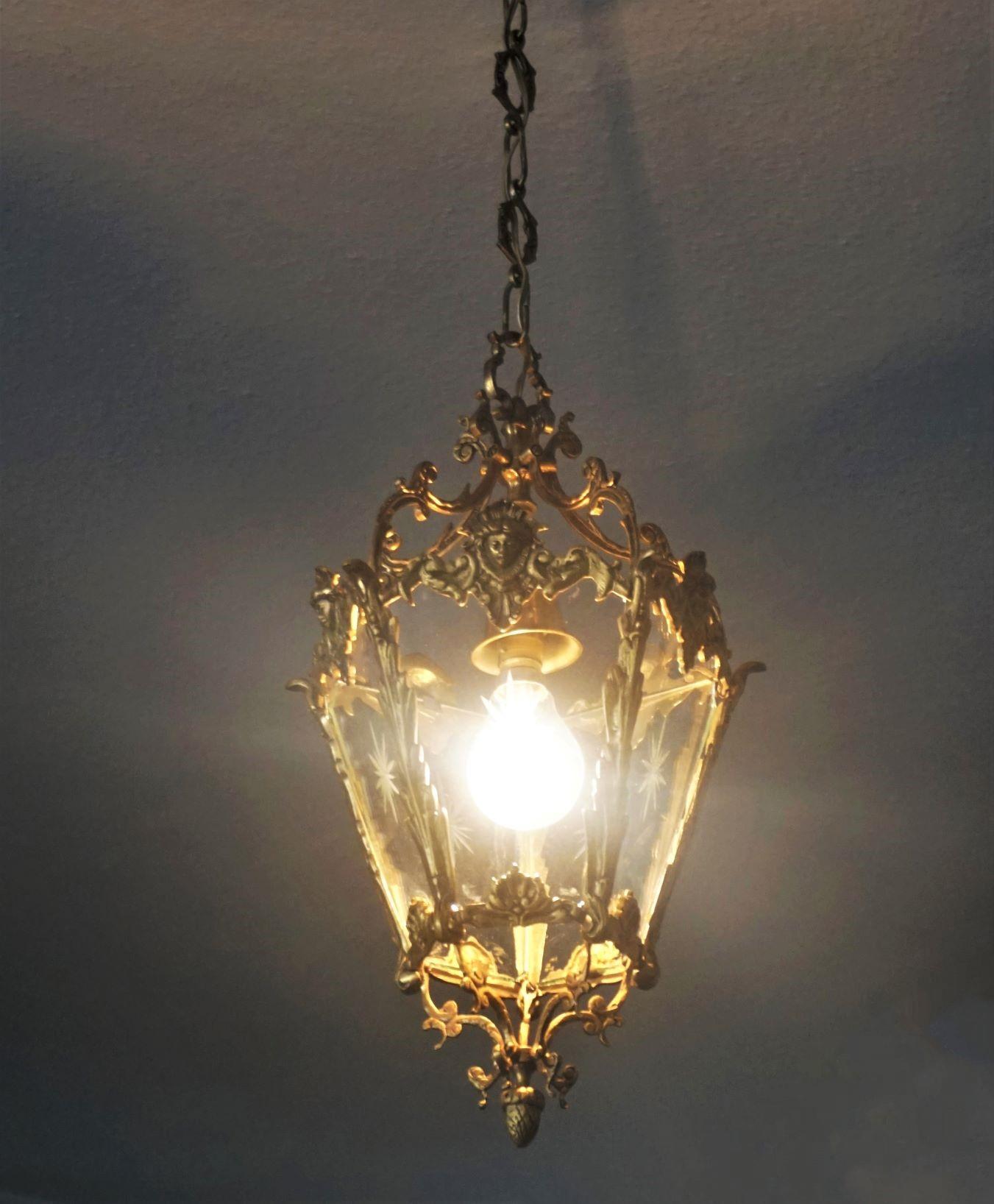French Art Deco Bronze Cut Clear Glass Lantern, Hall Pendant, 1910-1920 9