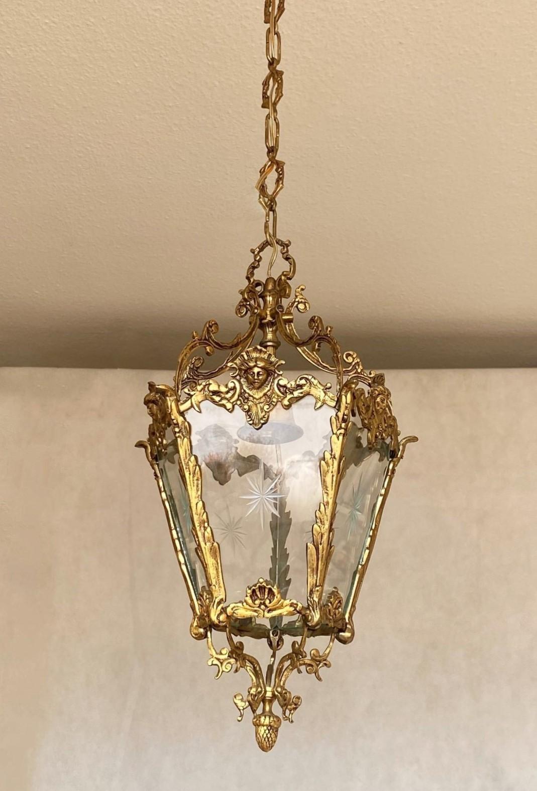 French Art Deco Bronze Cut Clear Glass Lantern, Hall Pendant, 1910-1920 In Good Condition In Frankfurt am Main, DE