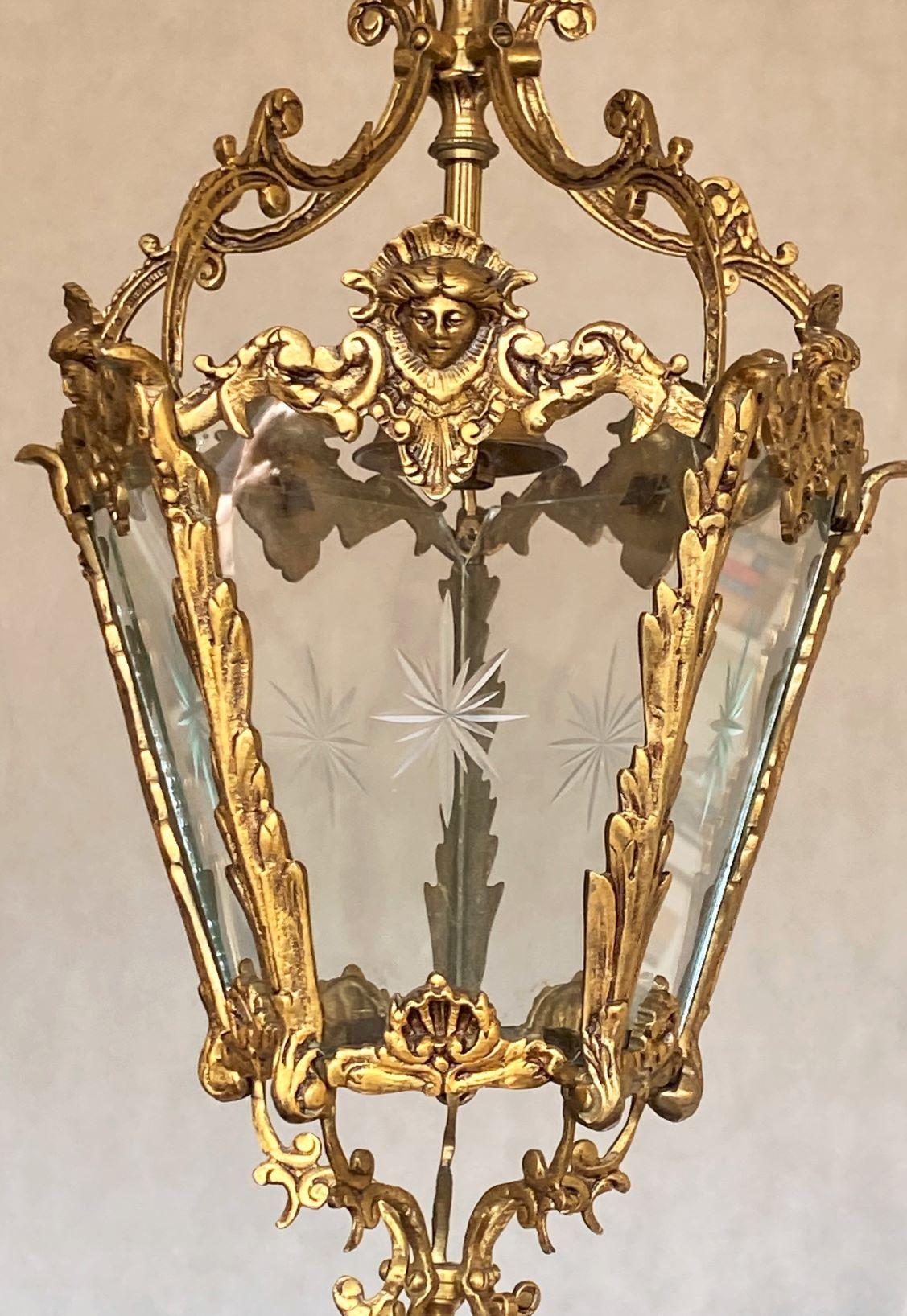 French Art Deco Bronze Cut Clear Glass Lantern, Hall Pendant, 1910-1920 1