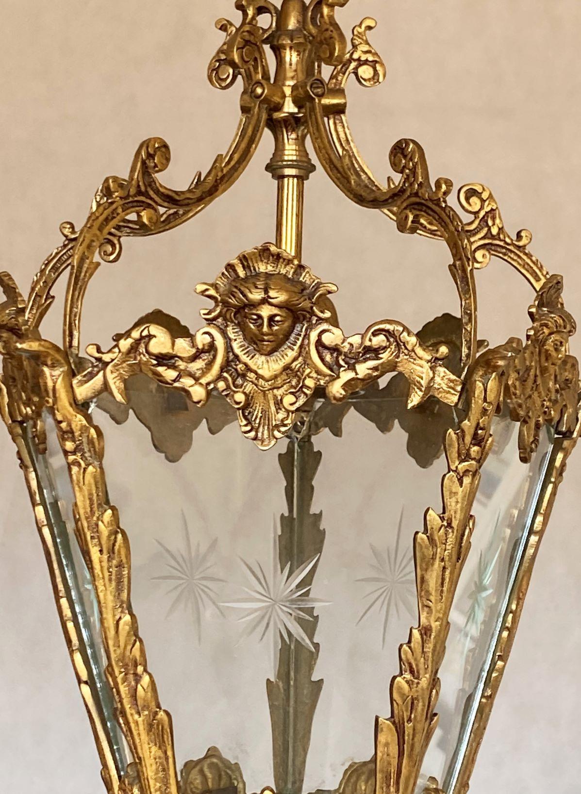 French Art Deco Bronze Cut Clear Glass Lantern, Hall Pendant, 1910-1920 2