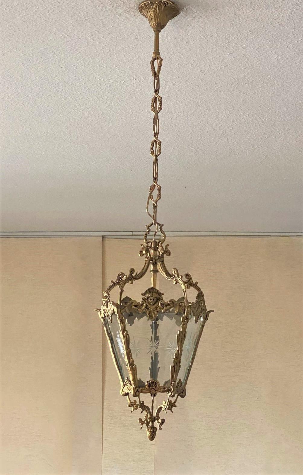 French Art Deco Bronze Cut Clear Glass Lantern, Hall Pendant, 1910-1920 3