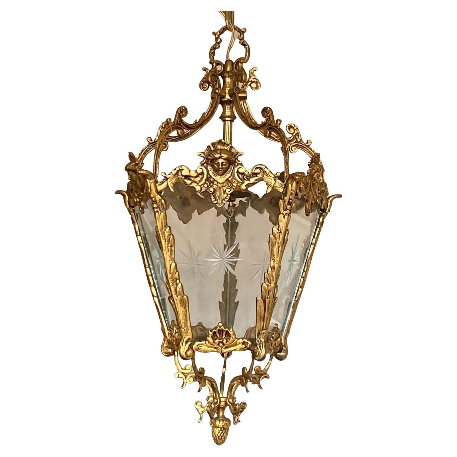 French Art Deco Bronze Cut Clear Glass Lantern, Hall Pendant, 1910-1920