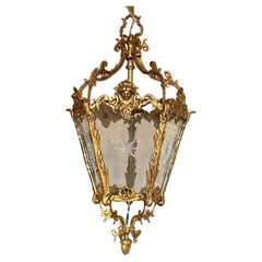 French Art Deco Bronze Cut Clear Glass Lantern, Hall Pendant, 1910-1920