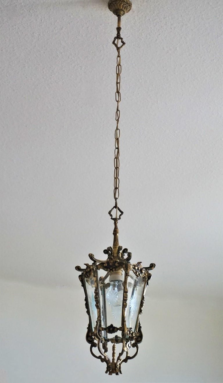 20th Century French Art Deco Bronze Cut Glass Six-Sided Lantern, Hall Pendant For Sale