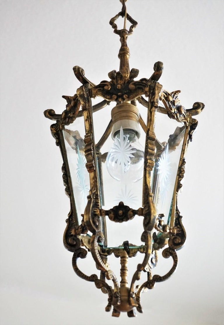 French Art Deco Bronze Cut Glass Six-Sided Lantern, Hall Pendant For Sale 1