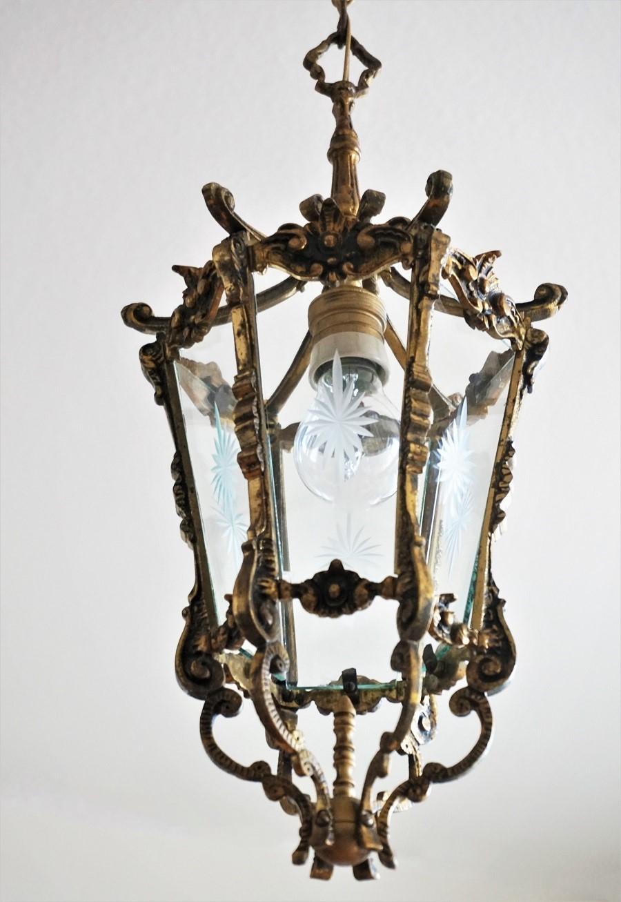 French Art Deco Bronze Cut Glass Six-Sided Lantern, Hall Pendant 1