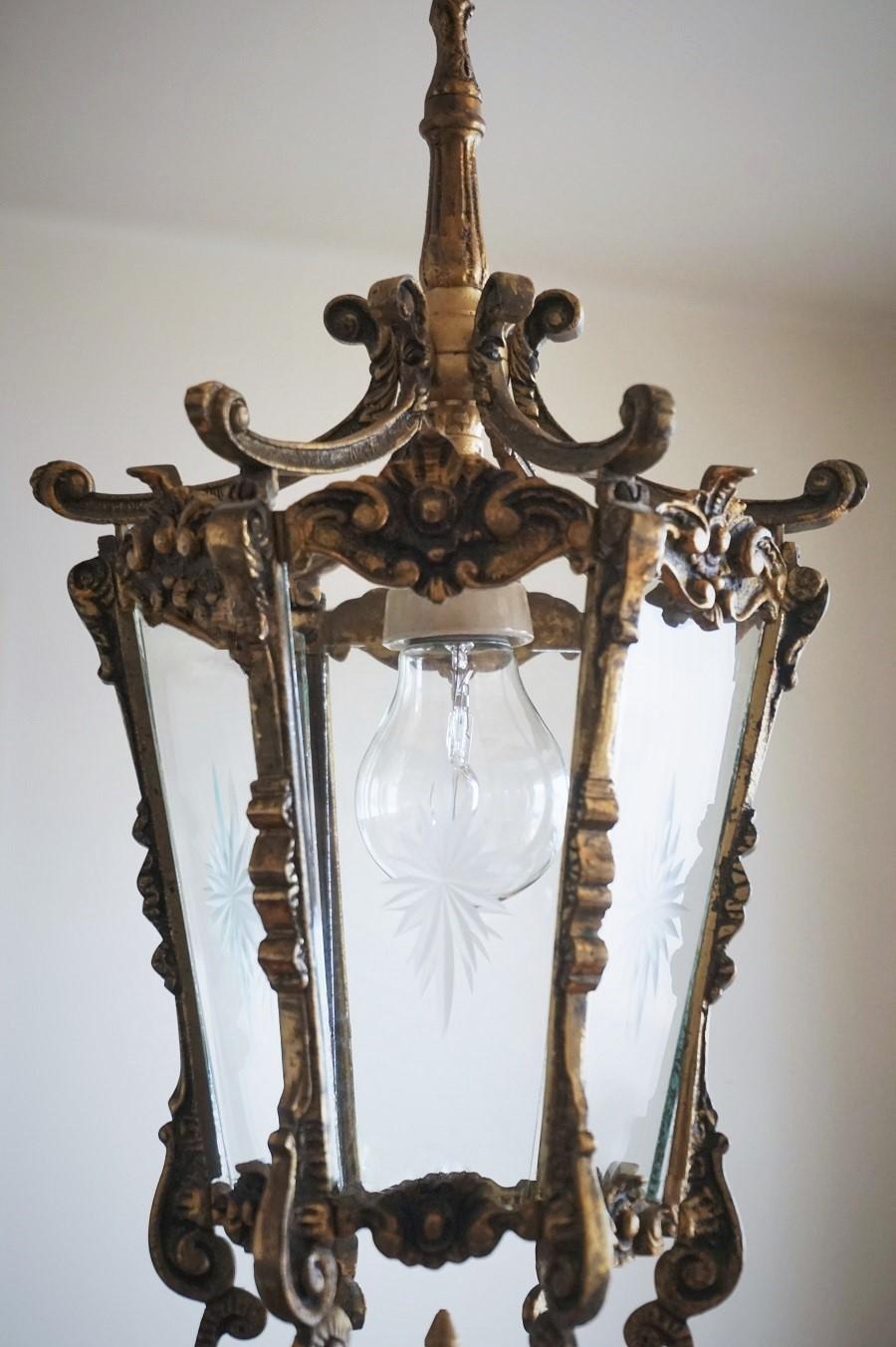 French Art Deco Bronze Cut Glass Six-Sided Lantern, Hall Pendant 2