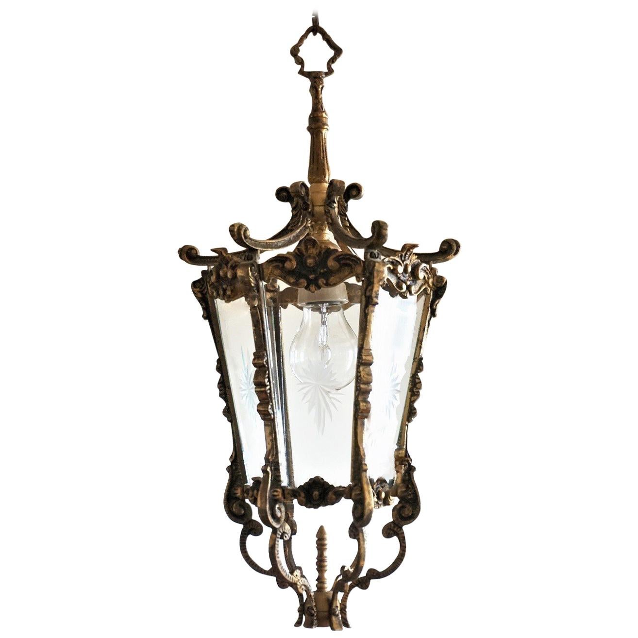 French Art Deco Bronze Cut Glass Six-Sided Lantern, Hall Pendant