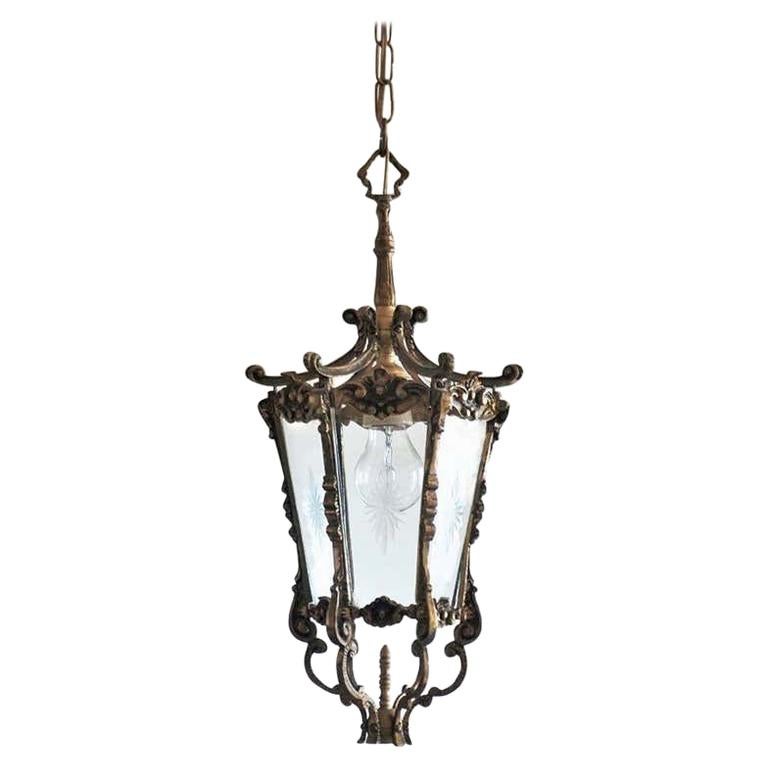 French Art Deco Bronze Cut Glass Six-Sided Lantern, Hall Pendant For Sale