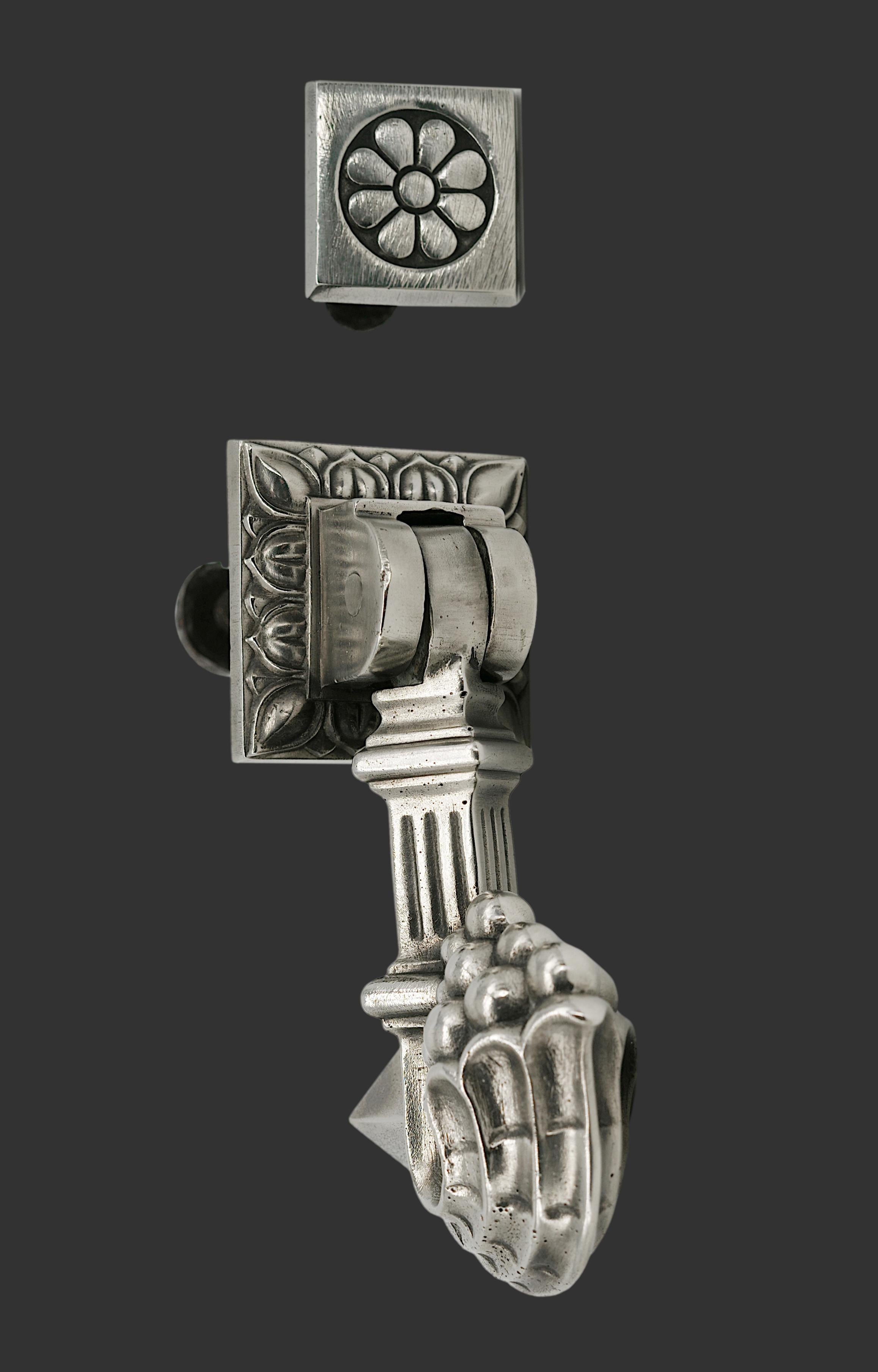 French Art Deco bronze door knocker by CAMION Freres, Vivier-au-Court, France, ca.1930. Silver-plated bronze. Cornucopia filled with fruit. Dimensions of the bigger piece placed on the door. Height: 5.6