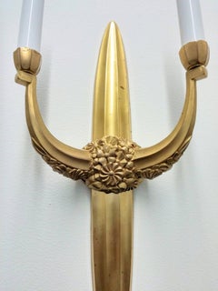 Pair of French Art Deco Bronze Doré Wall Sconces Attributed to “Sue et Mare”