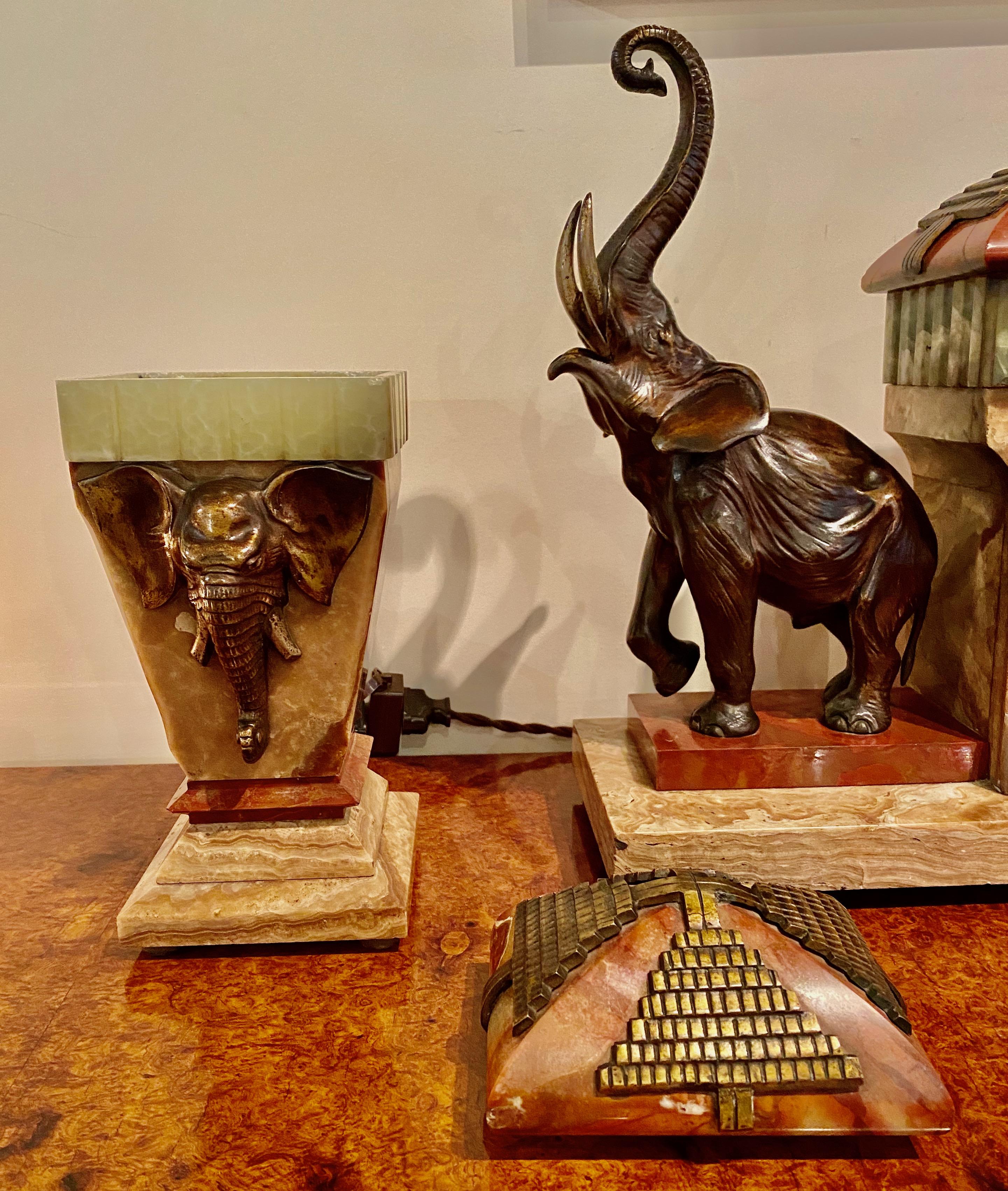 French Art Deco Bronze Elephant Sculptures on Marble with Clock and Garnitures In Good Condition In Oakland, CA