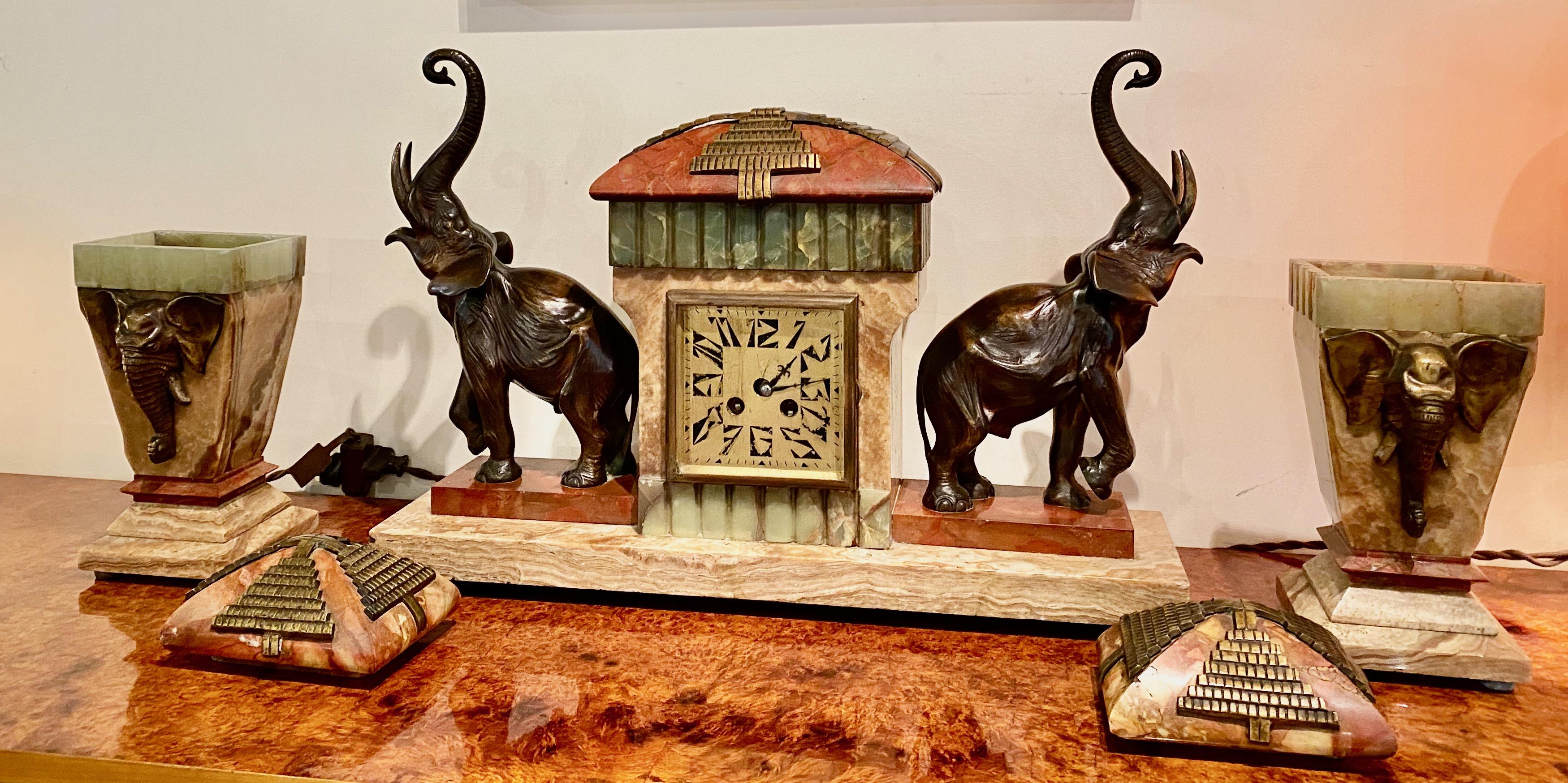 French Art Deco Bronze Elephant Sculptures on Marble with Clock and Garnitures 1