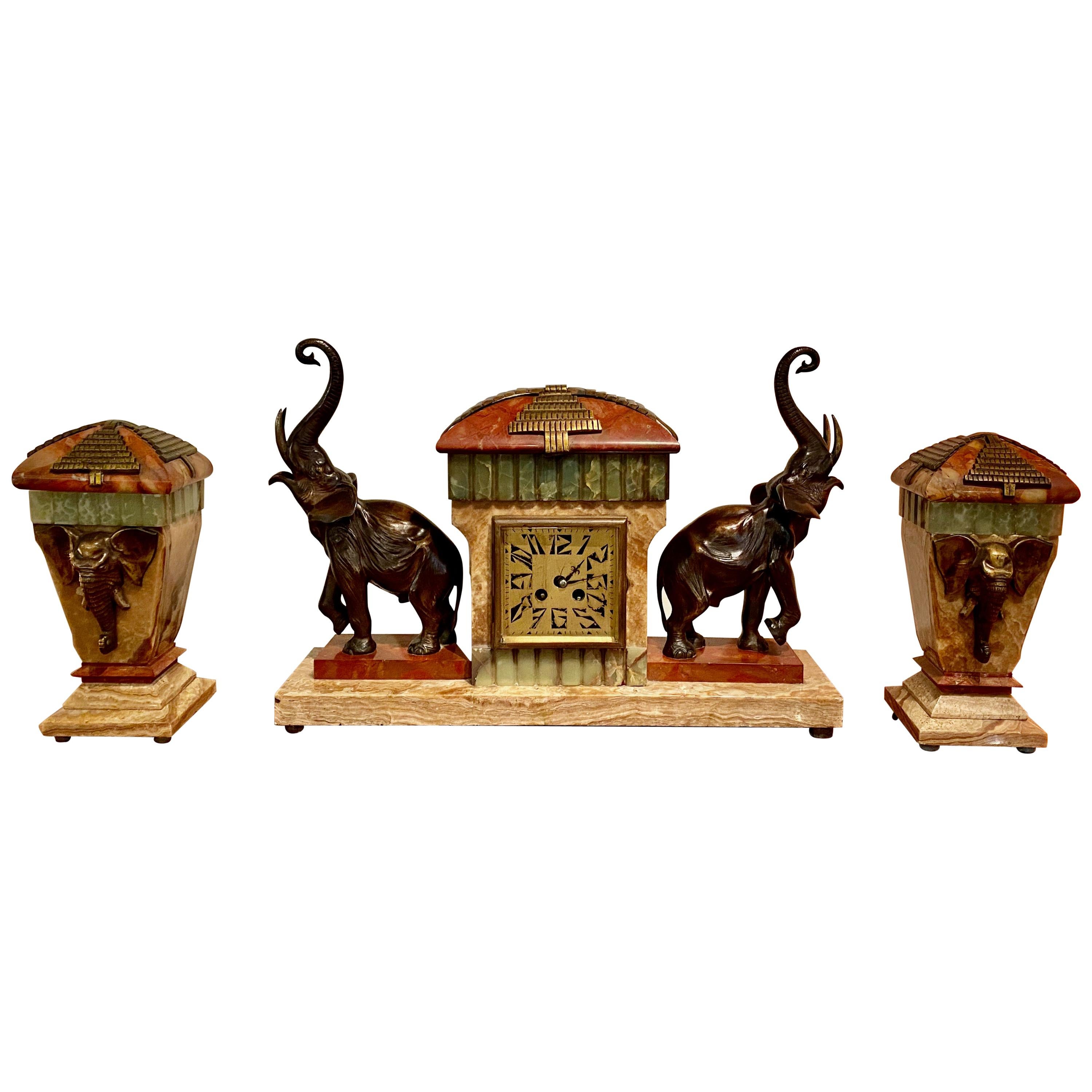 French Art Deco Bronze Elephant Sculptures on Marble with Clock and Garnitures