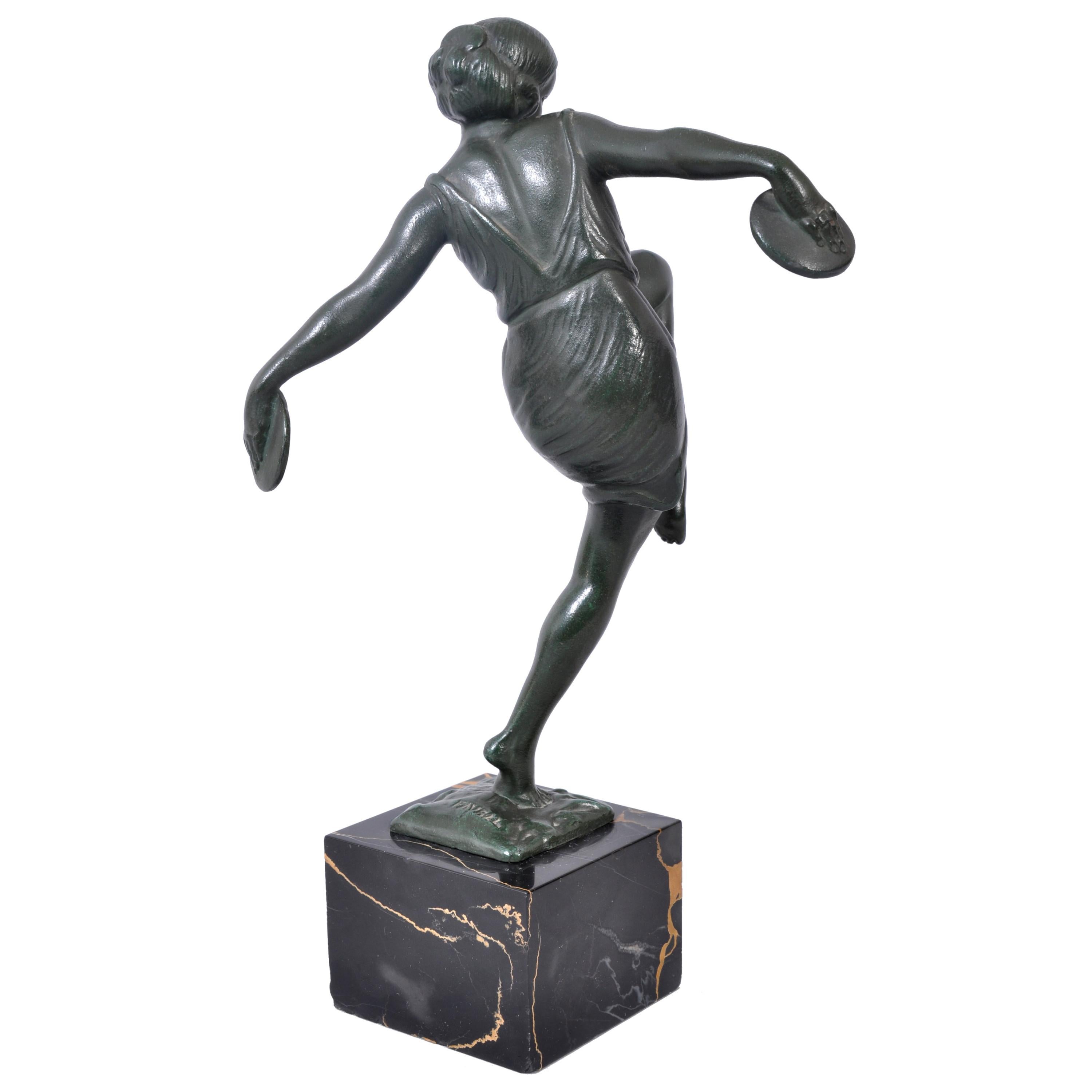French Art Deco Bronze Female Cymbal Dancer Statue Figure Pierre Le Faguays 1925 In Good Condition In Portland, OR