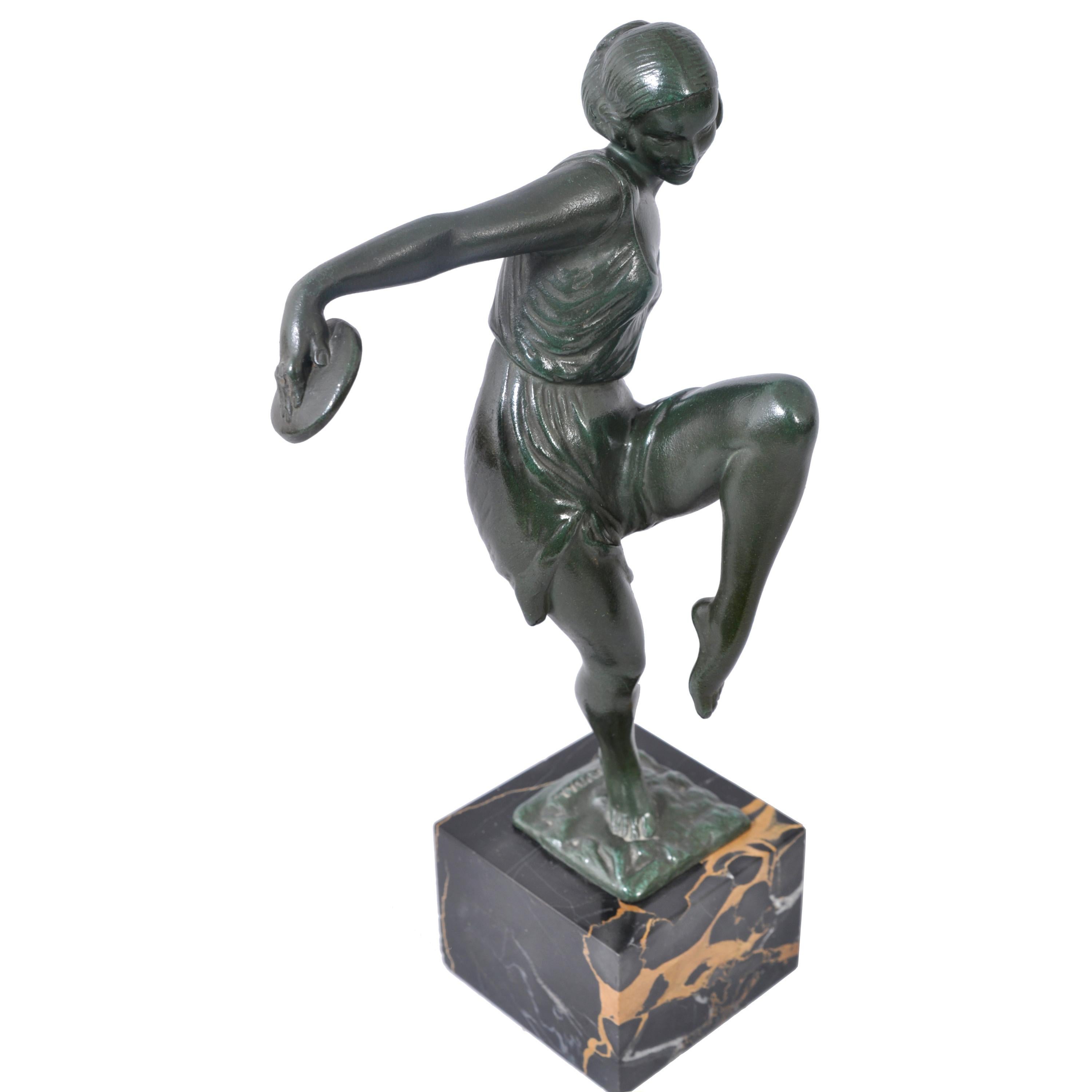 Early 20th Century French Art Deco Bronze Female Cymbal Dancer Statue Figure Pierre Le Faguays 1925