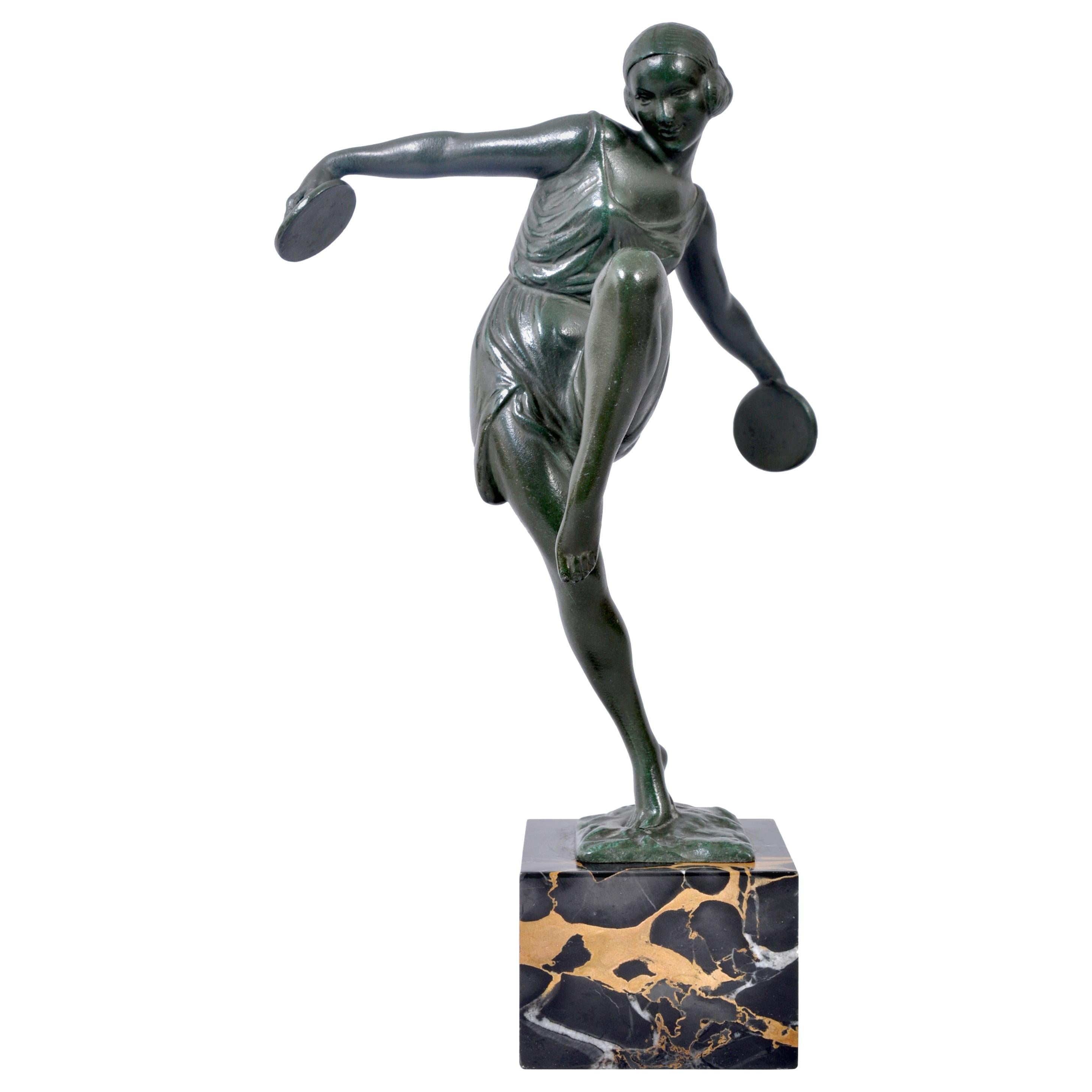 French Art Deco Bronze Female Cymbal Dancer Statue Figure Pierre Le Faguays 1925