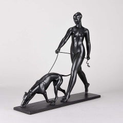 French Art Deco Bronze "Femme avec Chien" by Raymond Rivoire