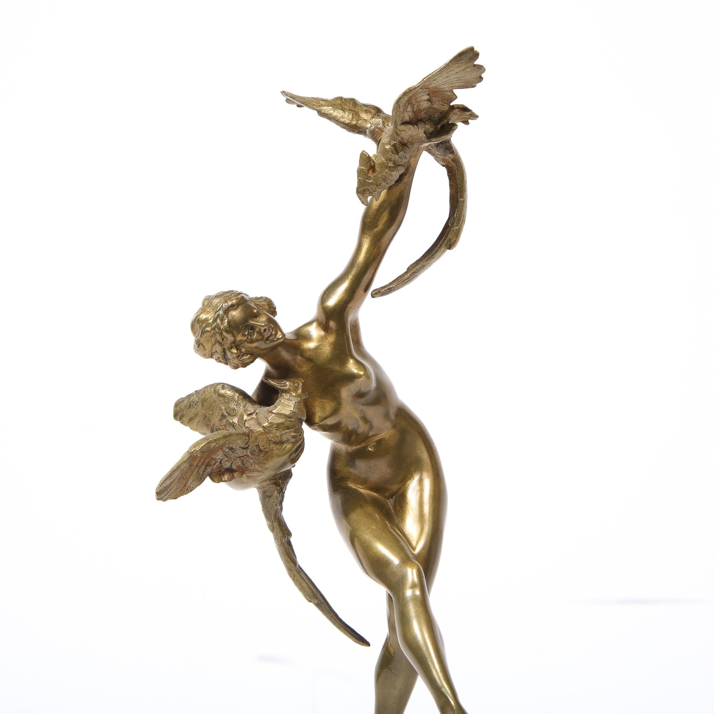 French Art Deco Bronze Figurative Sculpture with Pheasants on Exotic Marble Base For Sale 7