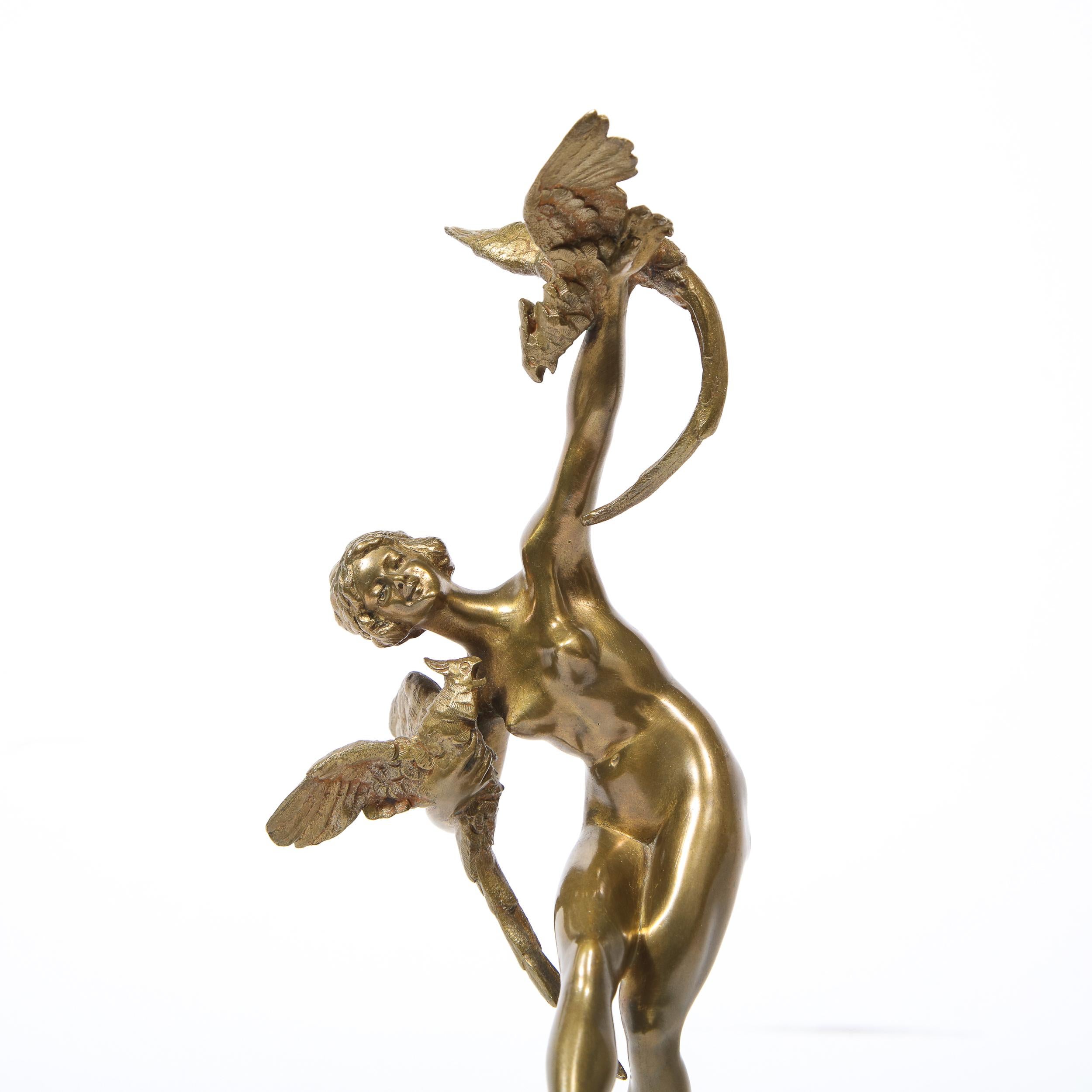 French Art Deco Bronze Figurative Sculpture with Pheasants on Exotic Marble Base For Sale 8
