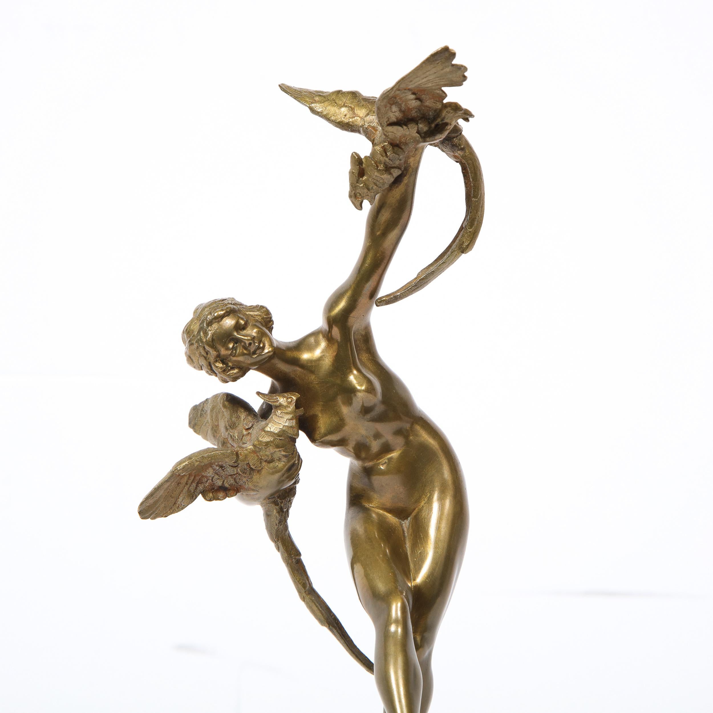Mid-20th Century French Art Deco Bronze Figurative Sculpture with Pheasants on Exotic Marble Base For Sale