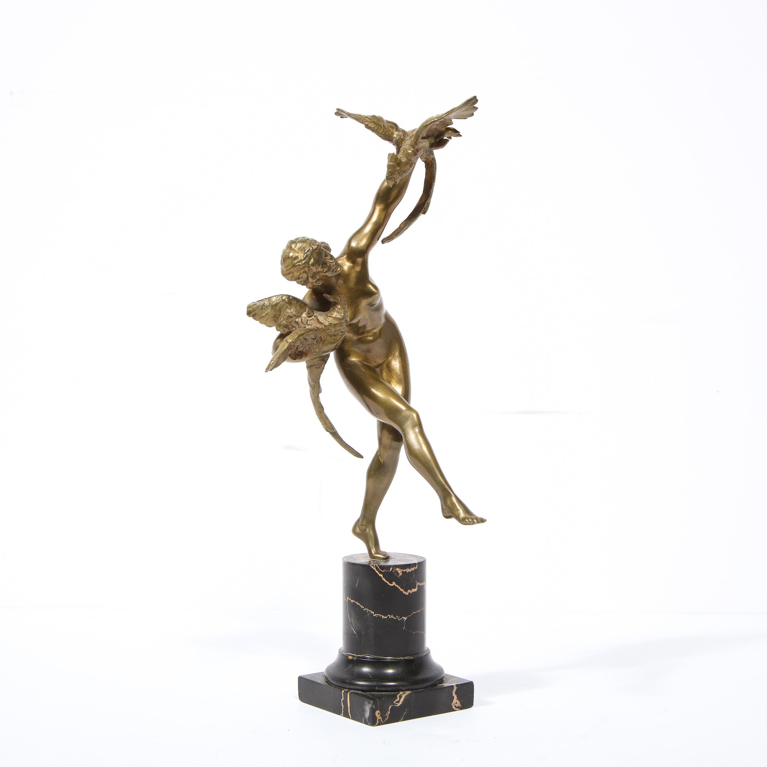 French Art Deco Bronze Figurative Sculpture with Pheasants on Exotic Marble Base For Sale 1