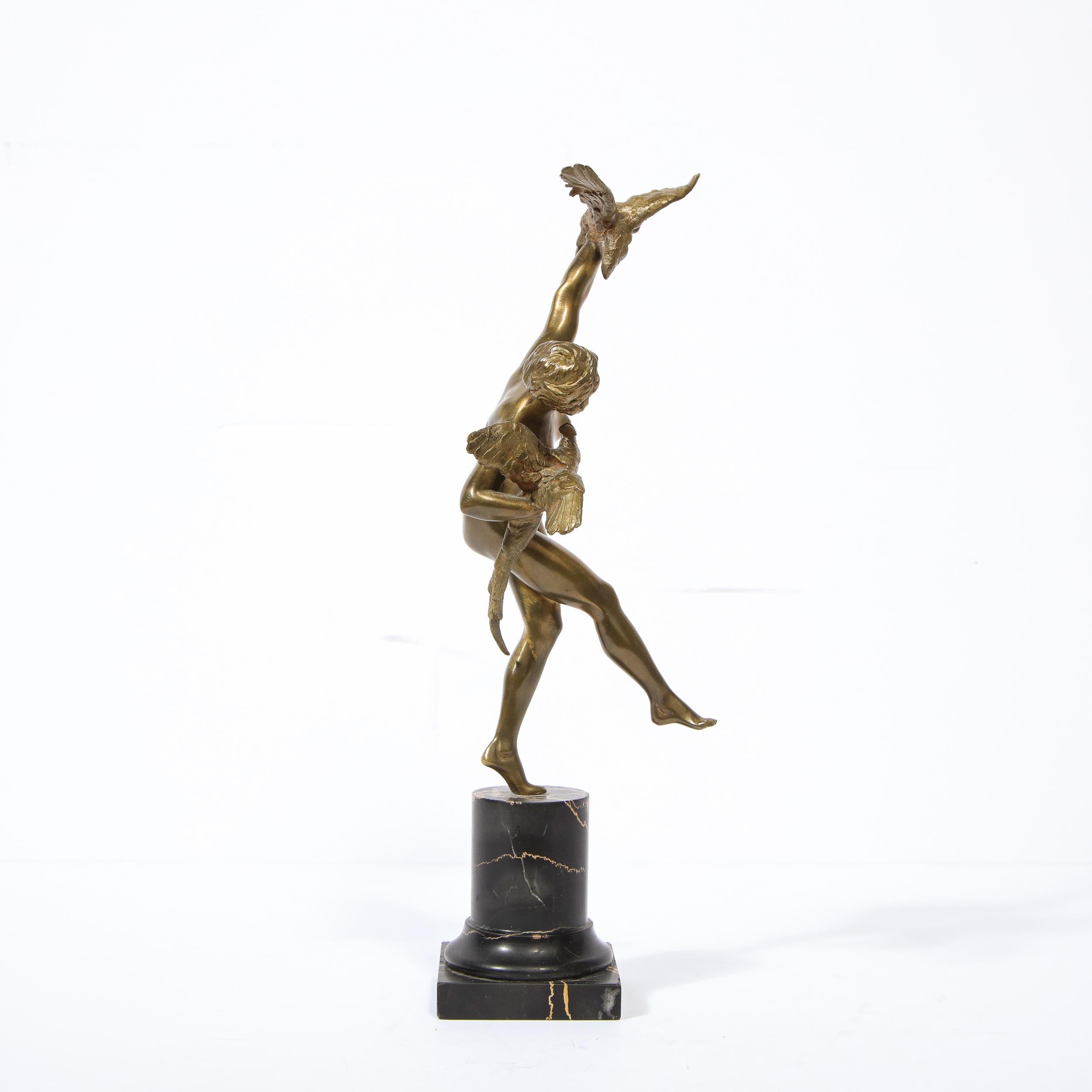 French Art Deco Bronze Figurative Sculpture with Pheasants on Exotic Marble Base For Sale 2