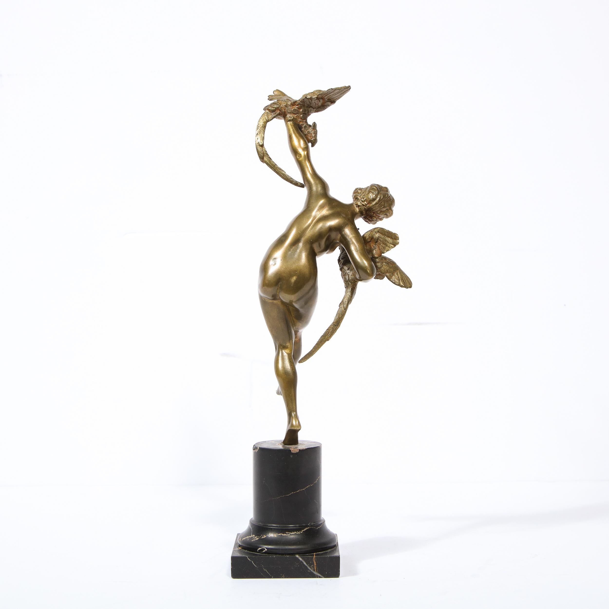 French Art Deco Bronze Figurative Sculpture with Pheasants on Exotic Marble Base For Sale 3