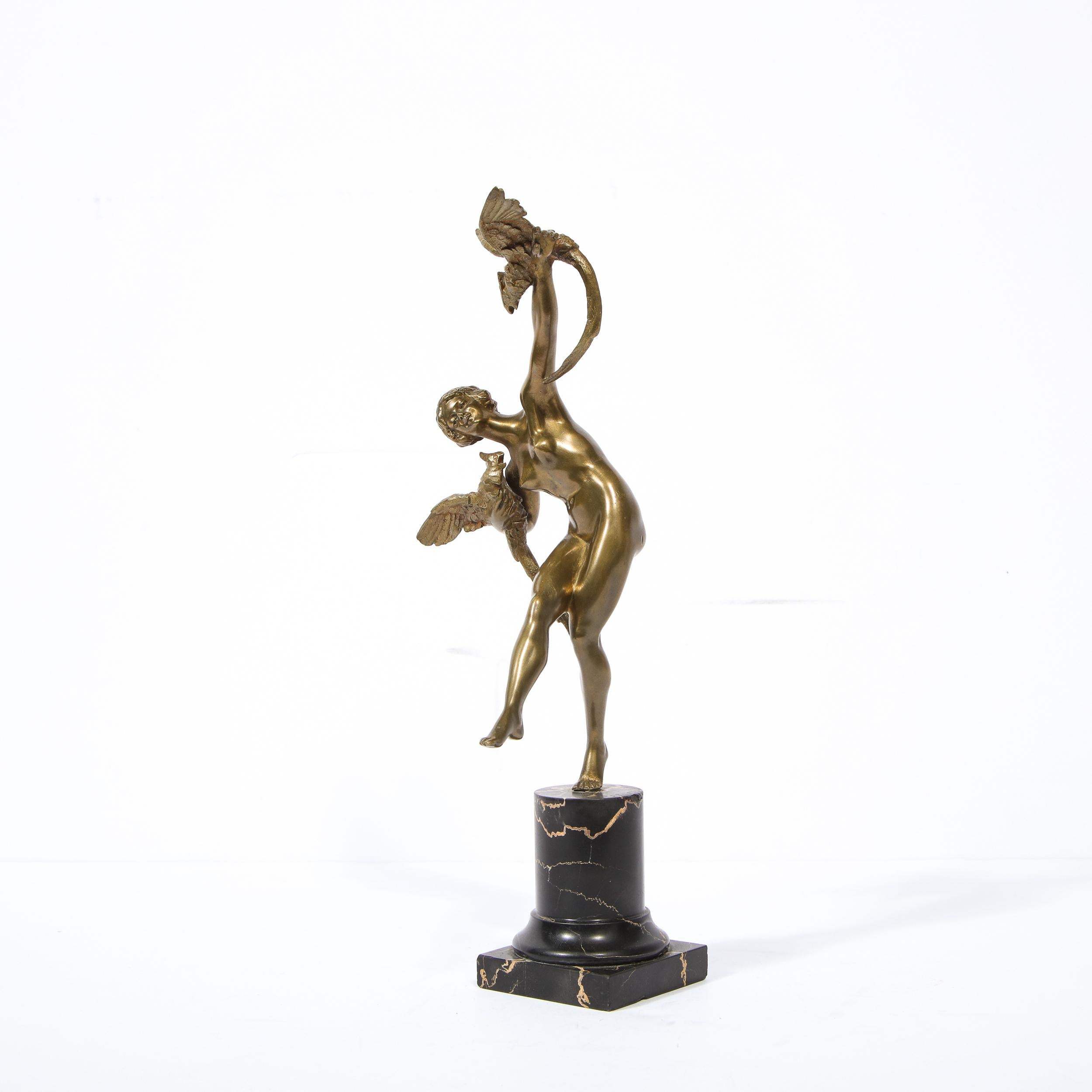 French Art Deco Bronze Figurative Sculpture with Pheasants on Exotic Marble Base For Sale 5